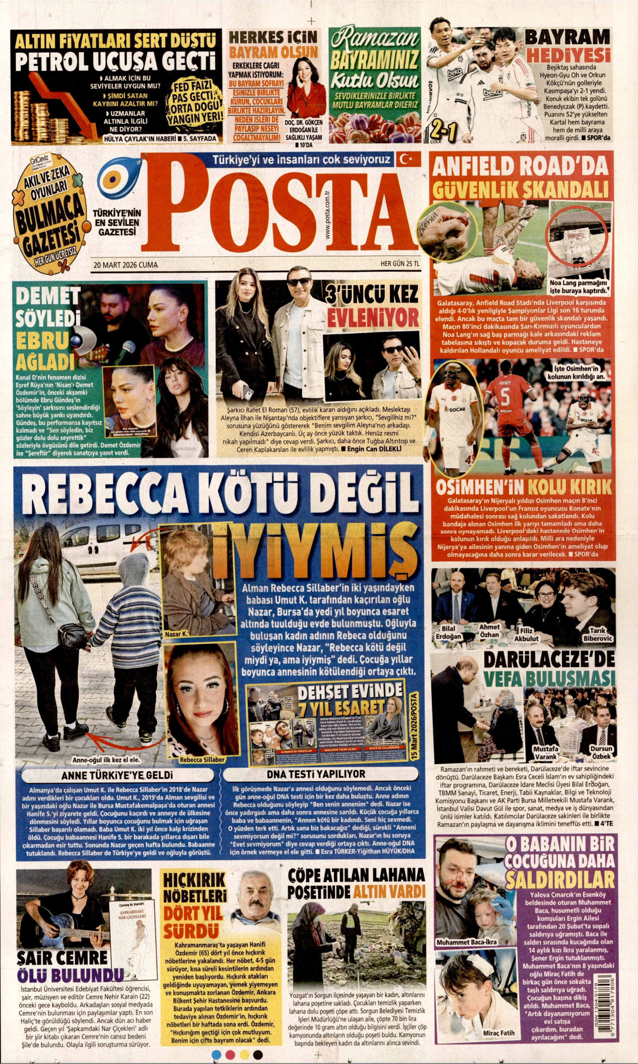 POSTA gazetesinin 20 Mart 2026 tarihli birinci sayfası