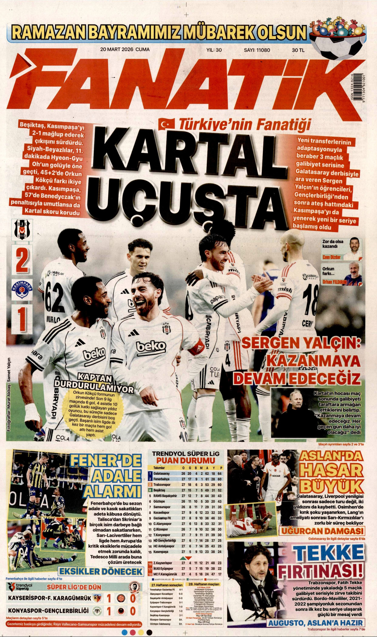 FANATİK gazetesinin 20 Mart 2026 tarihli birinci sayfası
