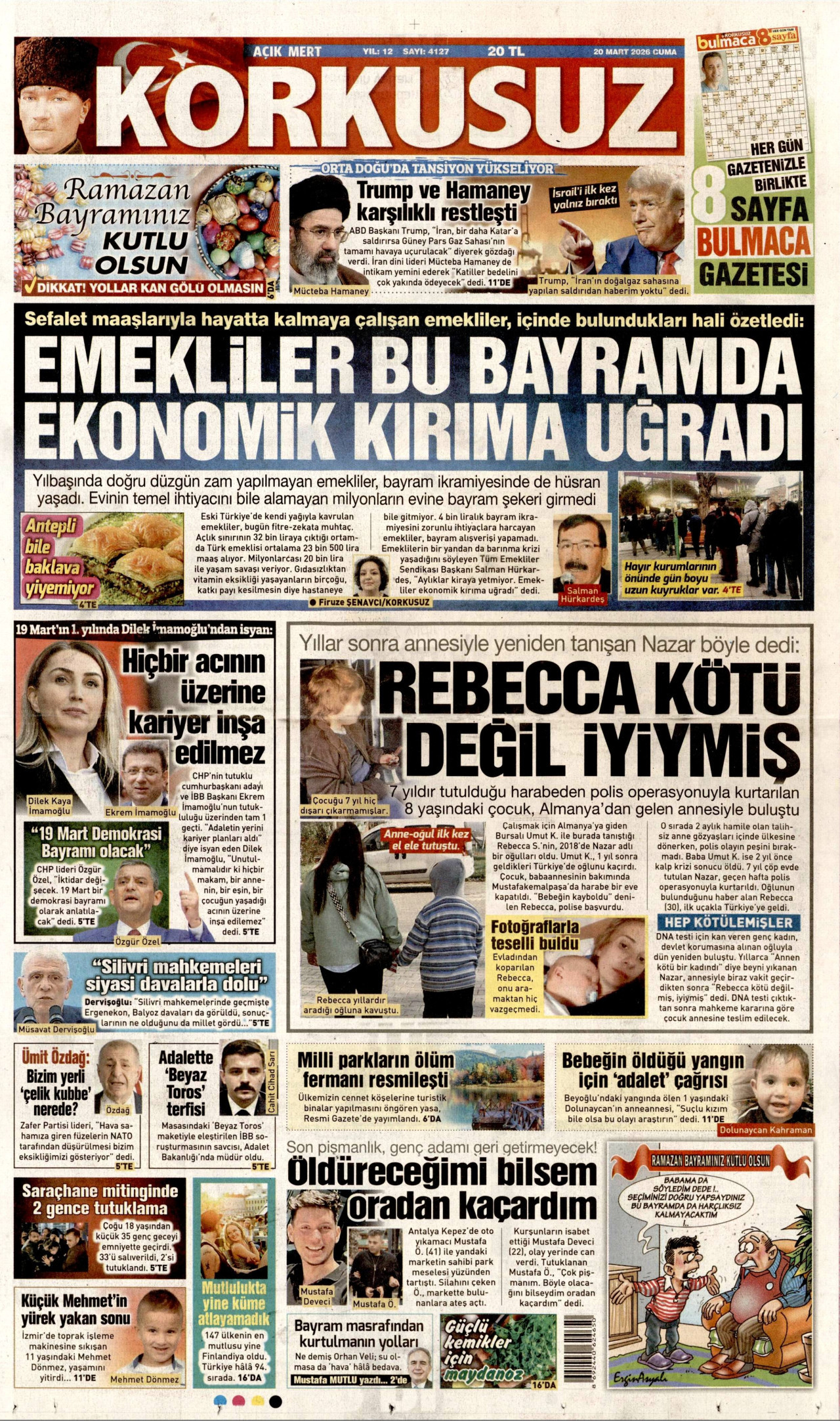 KORKUSUZ gazetesinin 20 Mart 2026 tarihli birinci sayfası