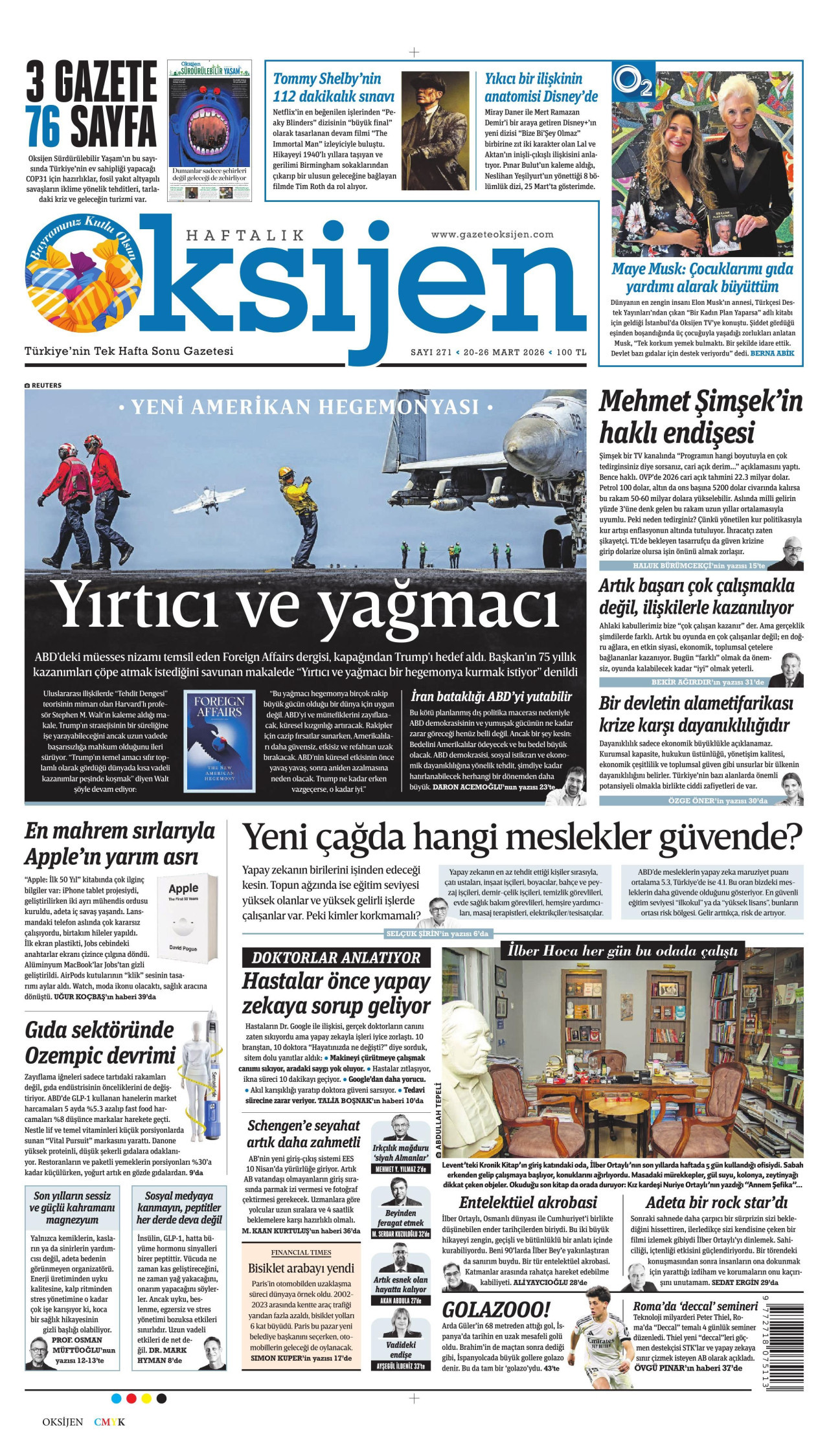OKSİJEN gazetesinin 20 Mart 2026 tarihli birinci sayfası