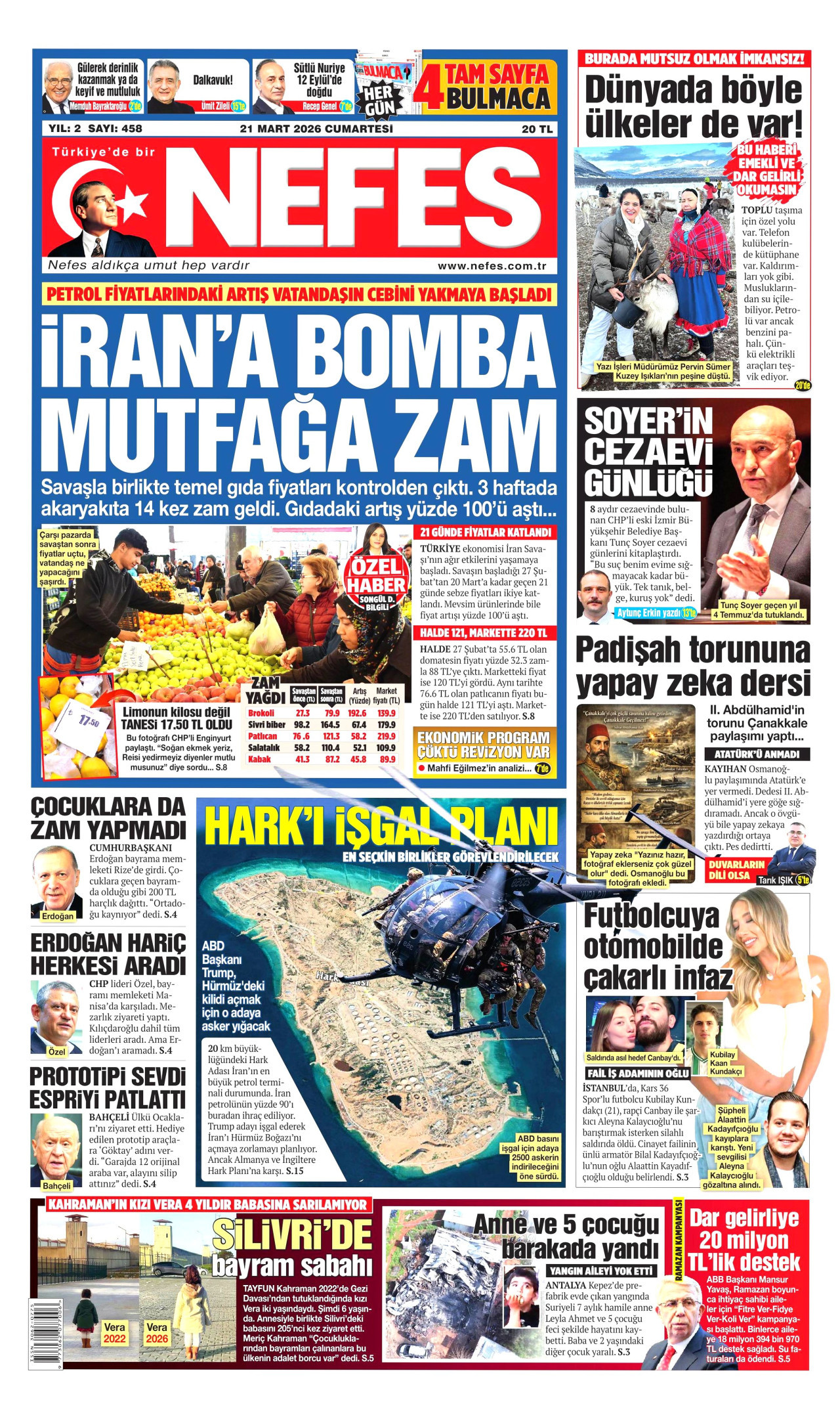 NEFES gazetesinin 21 Mart 2026 tarihli birinci sayfası