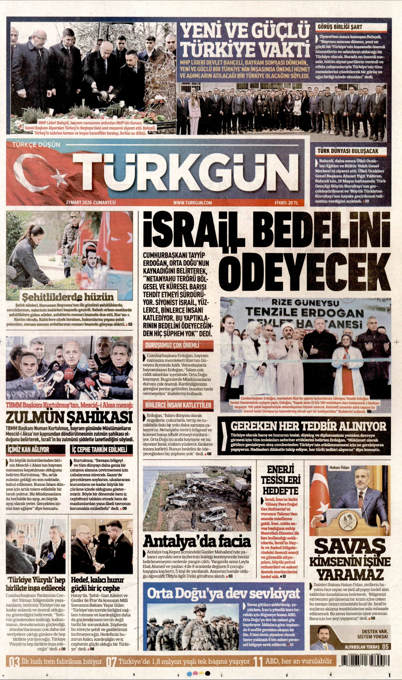 TÜRKGÜN gazetesinin 21 Mart 2026 tarihli birinci sayfası