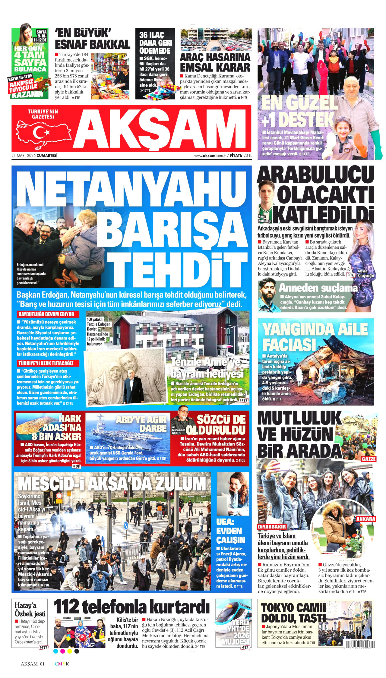 AKŞAM gazetesinin 21 Mart 2026 tarihli birinci sayfası