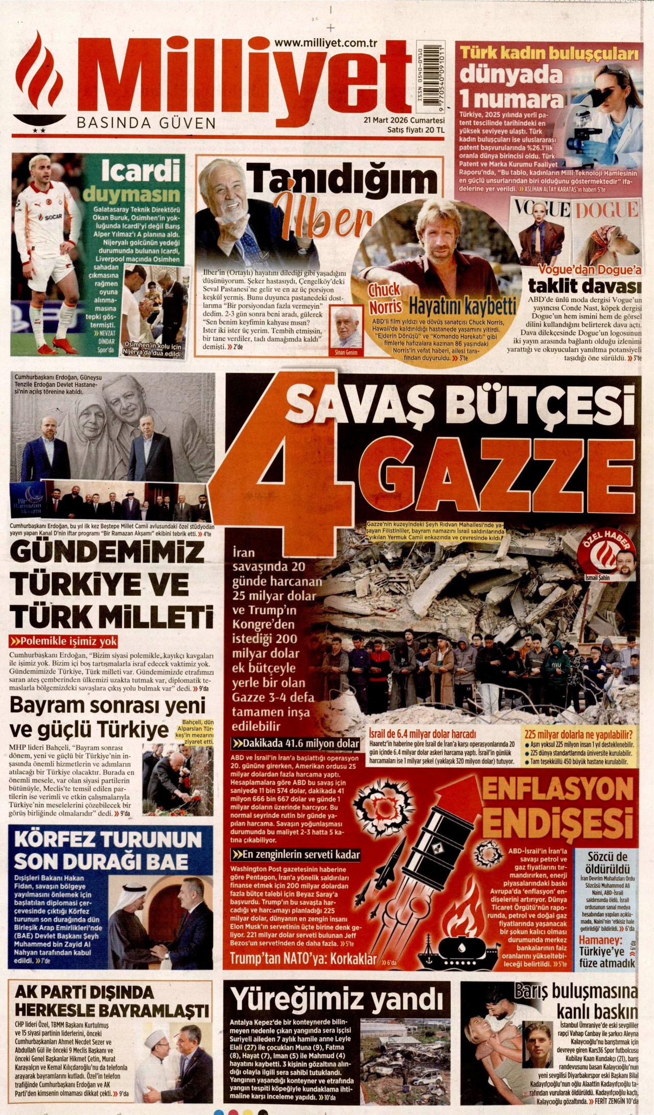 MİLLİYET gazetesinin 21 Mart 2026 tarihli birinci sayfası
