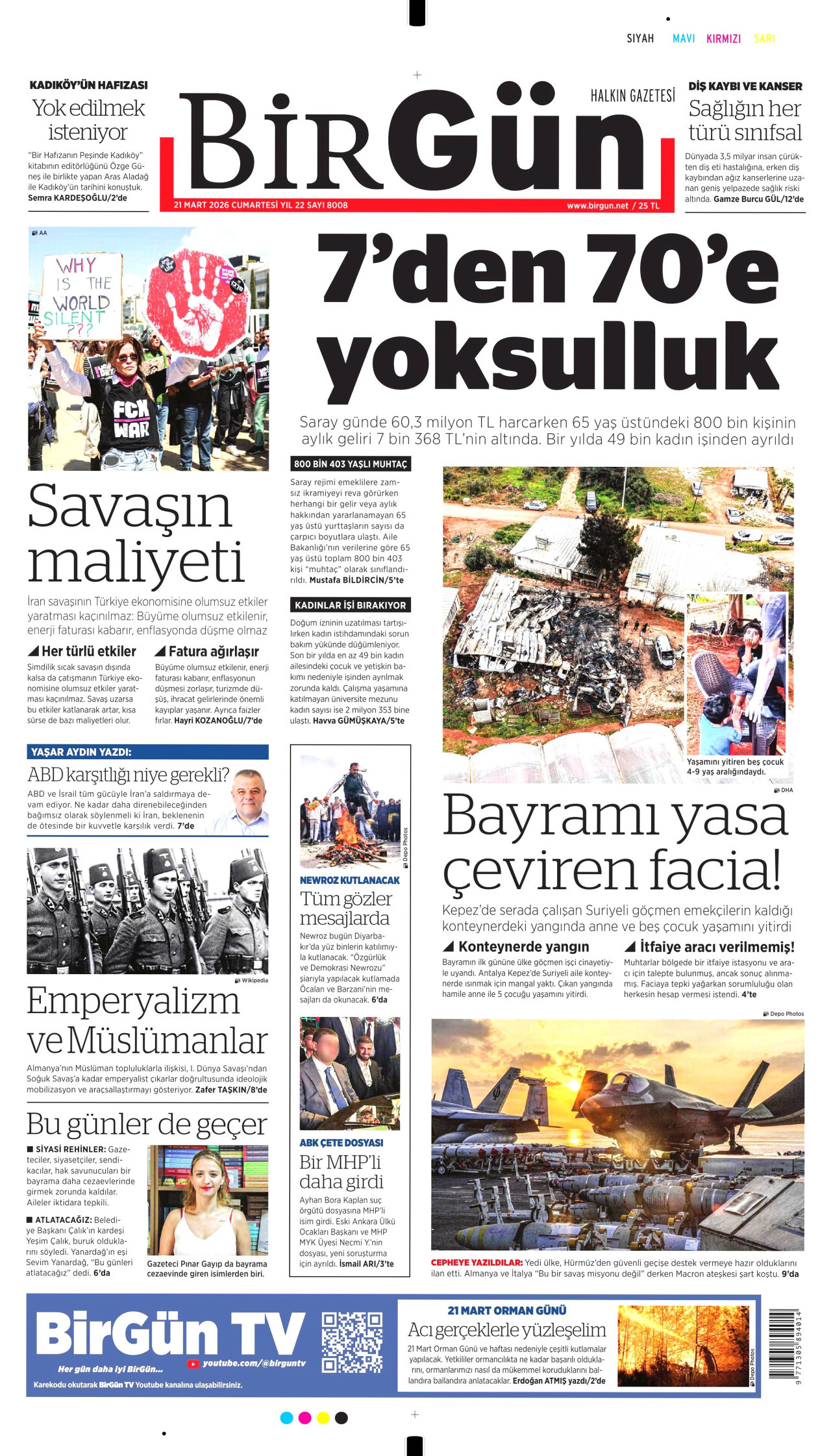 BİRGÜN gazetesinin 21 Mart 2026 tarihli birinci sayfası