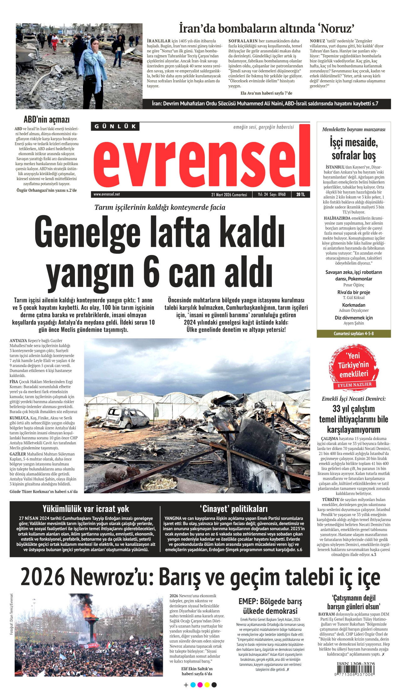 EVRENSEL gazetesinin 21 Mart 2026 tarihli birinci sayfası