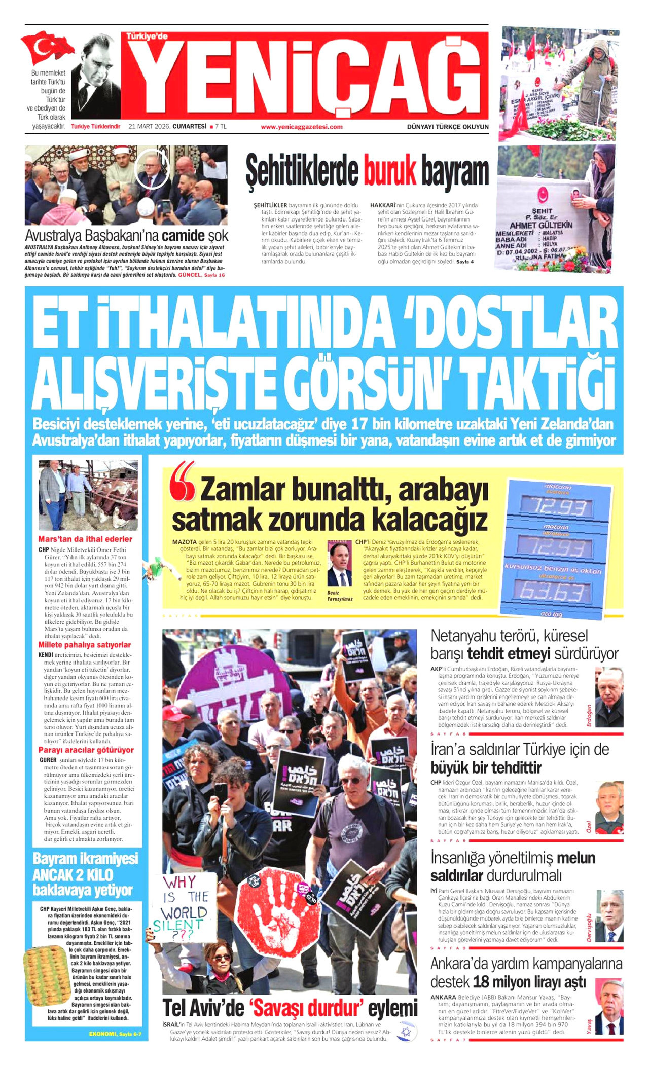 YENİÇAĞ gazetesinin 21 Mart 2026 tarihli birinci sayfası