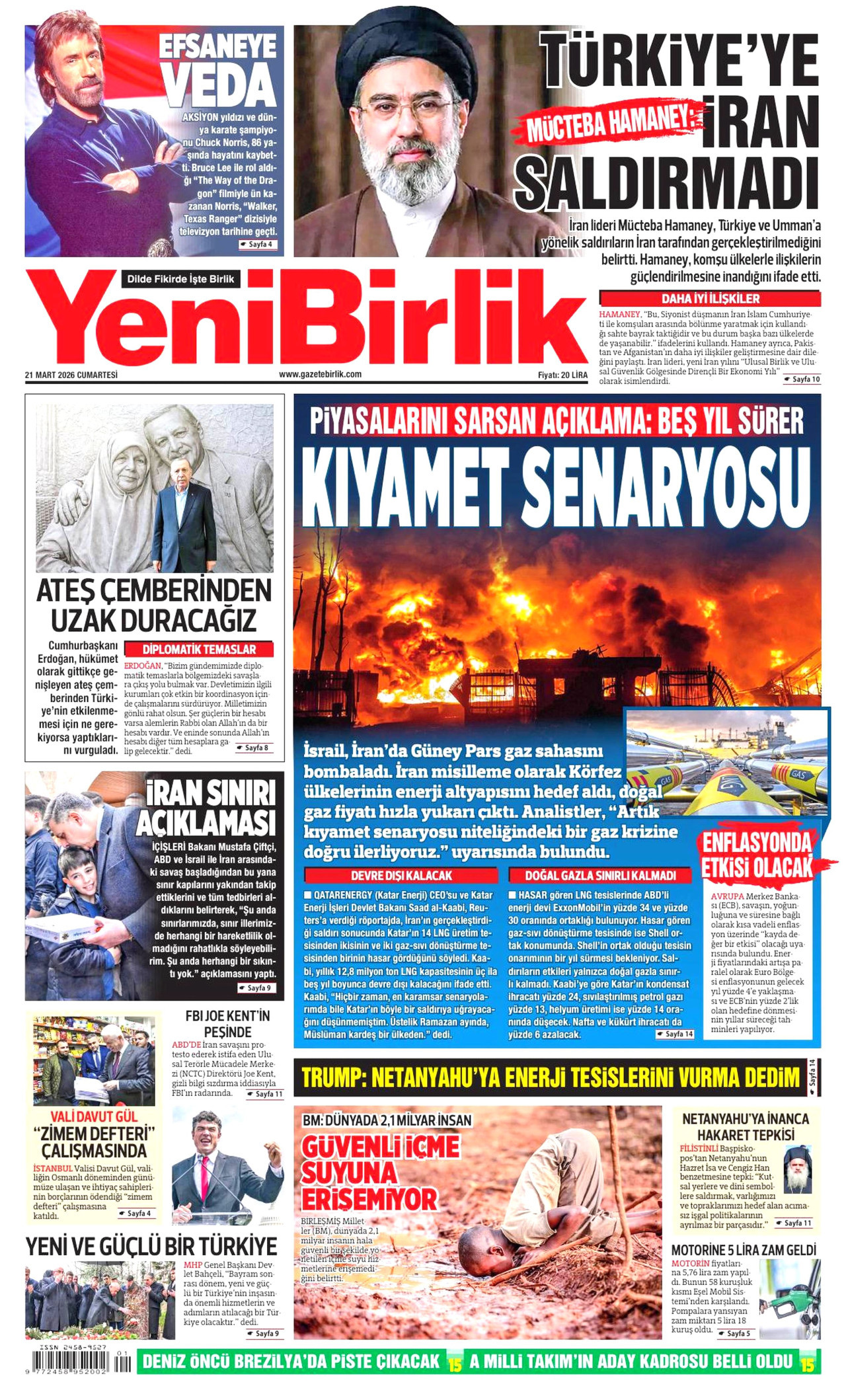 YENİBİRLİK gazetesinin 21 Mart 2026 tarihli birinci sayfası