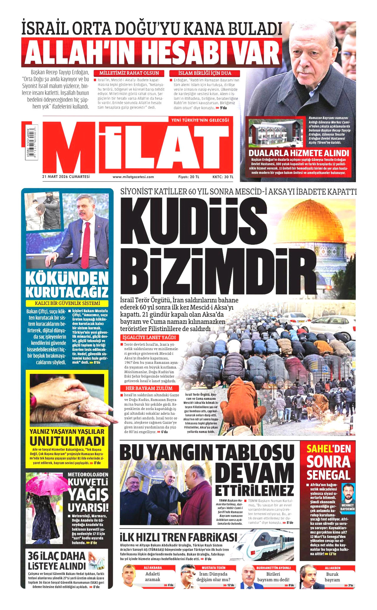 MİLAT gazetesinin 21 Mart 2026 tarihli birinci sayfası