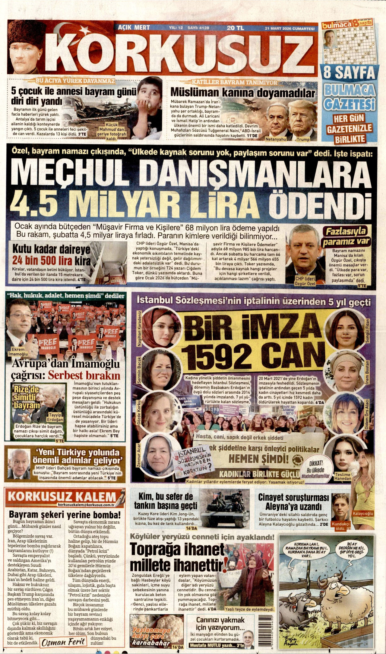 KORKUSUZ gazetesinin 21 Mart 2026 tarihli birinci sayfası