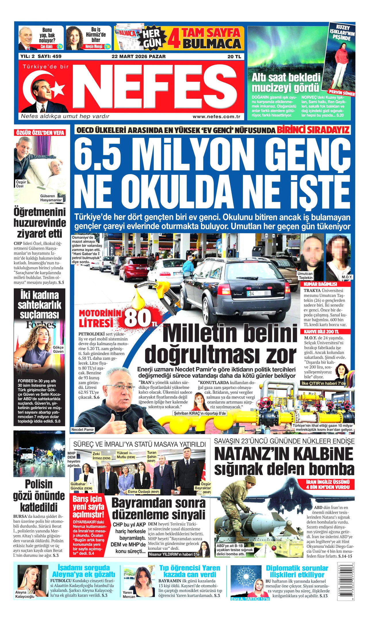 NEFES gazetesinin 22 Mart 2026 tarihli birinci sayfası