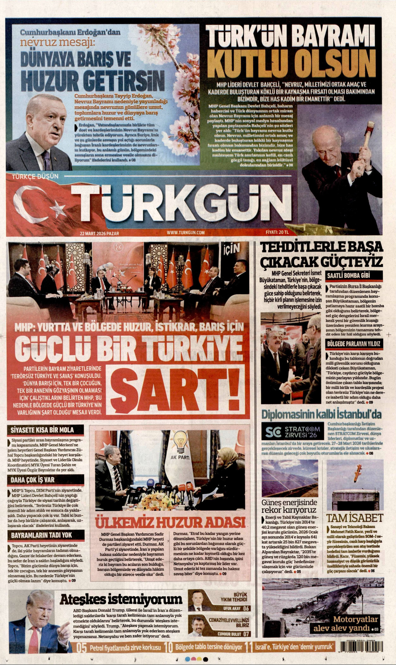 TÜRKGÜN gazetesinin 22 Mart 2026 tarihli birinci sayfası