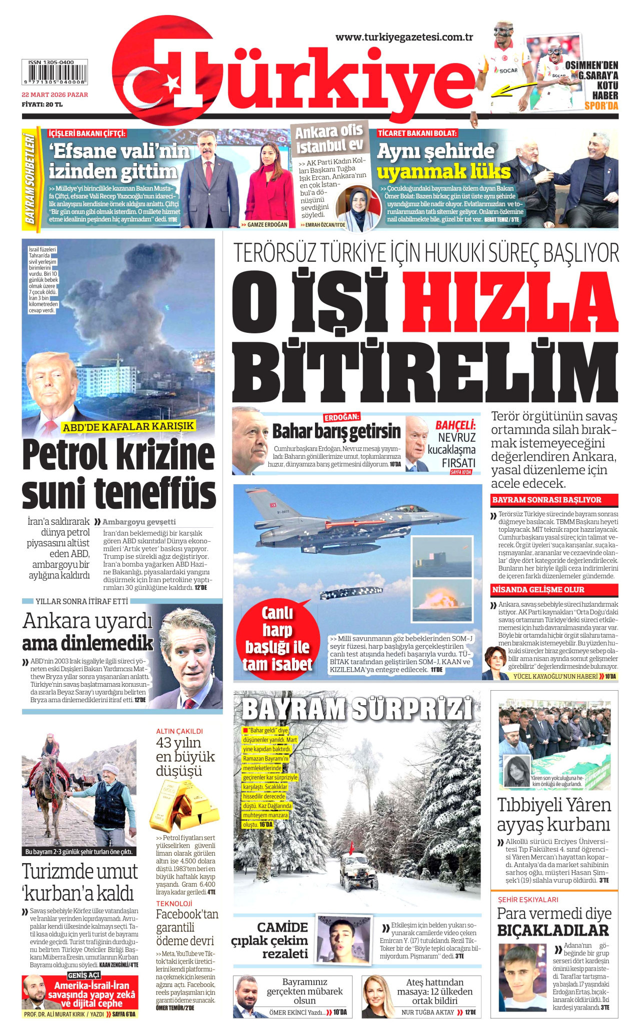 TÜRKİYE GAZETESİ gazetesinin 22 Mart 2026 tarihli birinci sayfası
