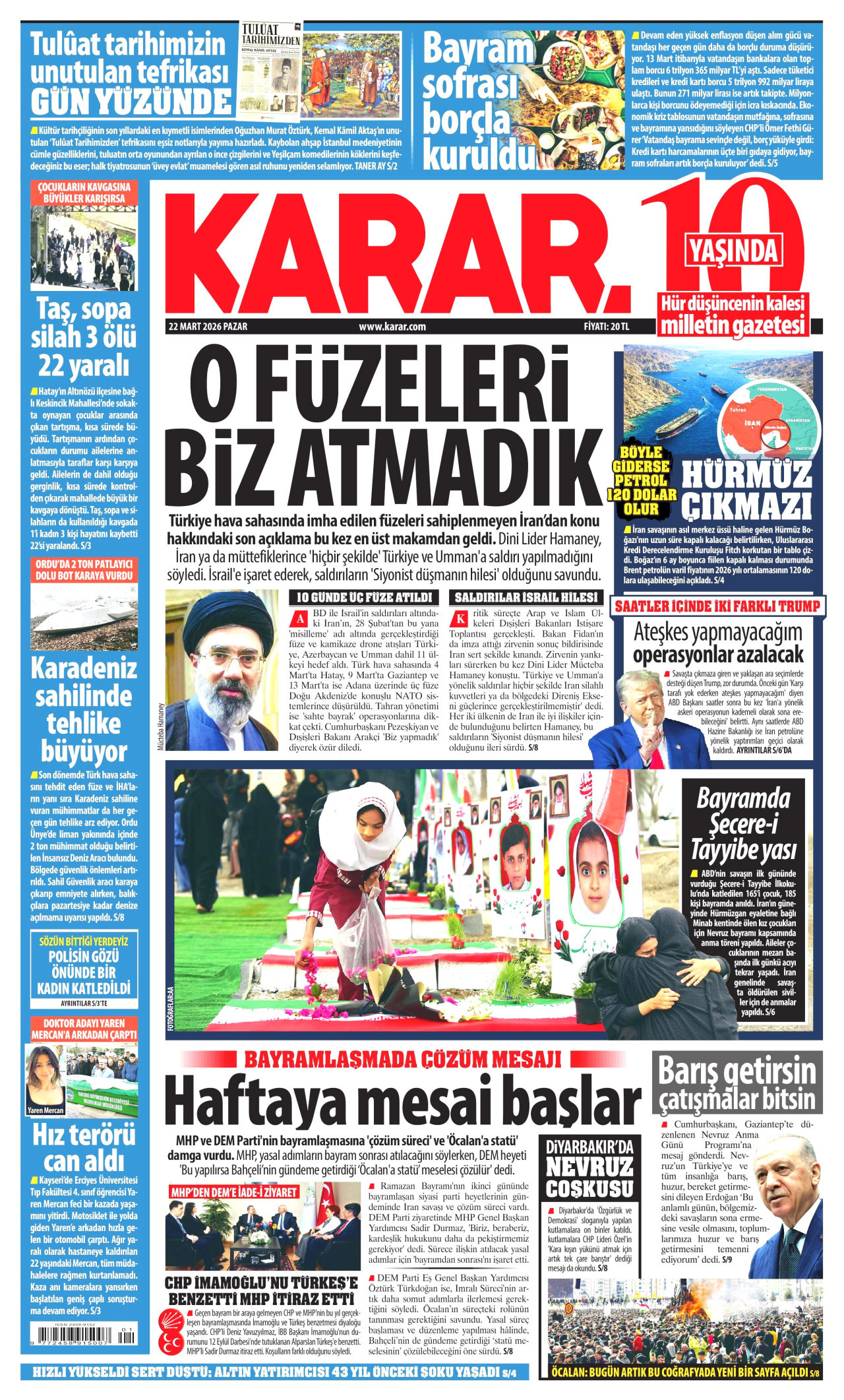 KARAR gazetesinin 22 Mart 2026 tarihli birinci sayfası