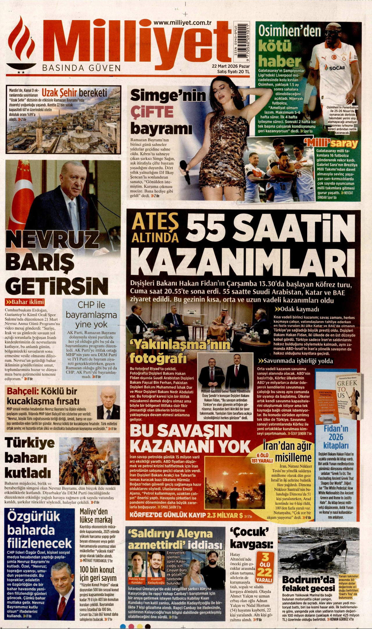 MİLLİYET gazetesinin 22 Mart 2026 tarihli birinci sayfası
