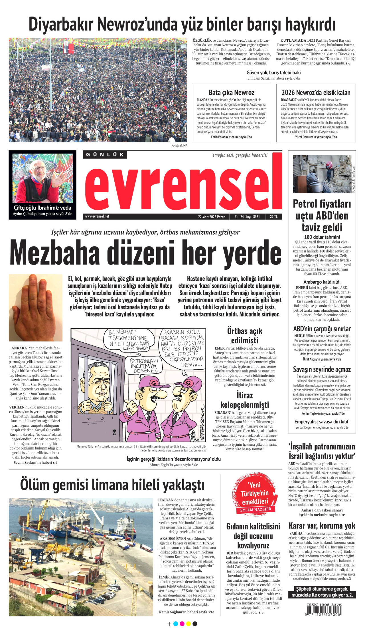 EVRENSEL gazetesinin 22 Mart 2026 tarihli birinci sayfası