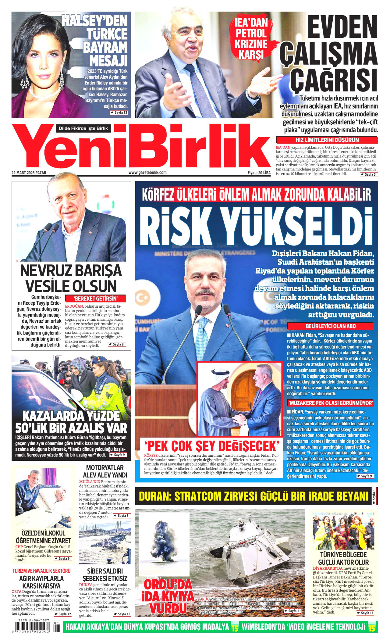 YENİBİRLİK gazetesinin 22 Mart 2026 tarihli birinci sayfası