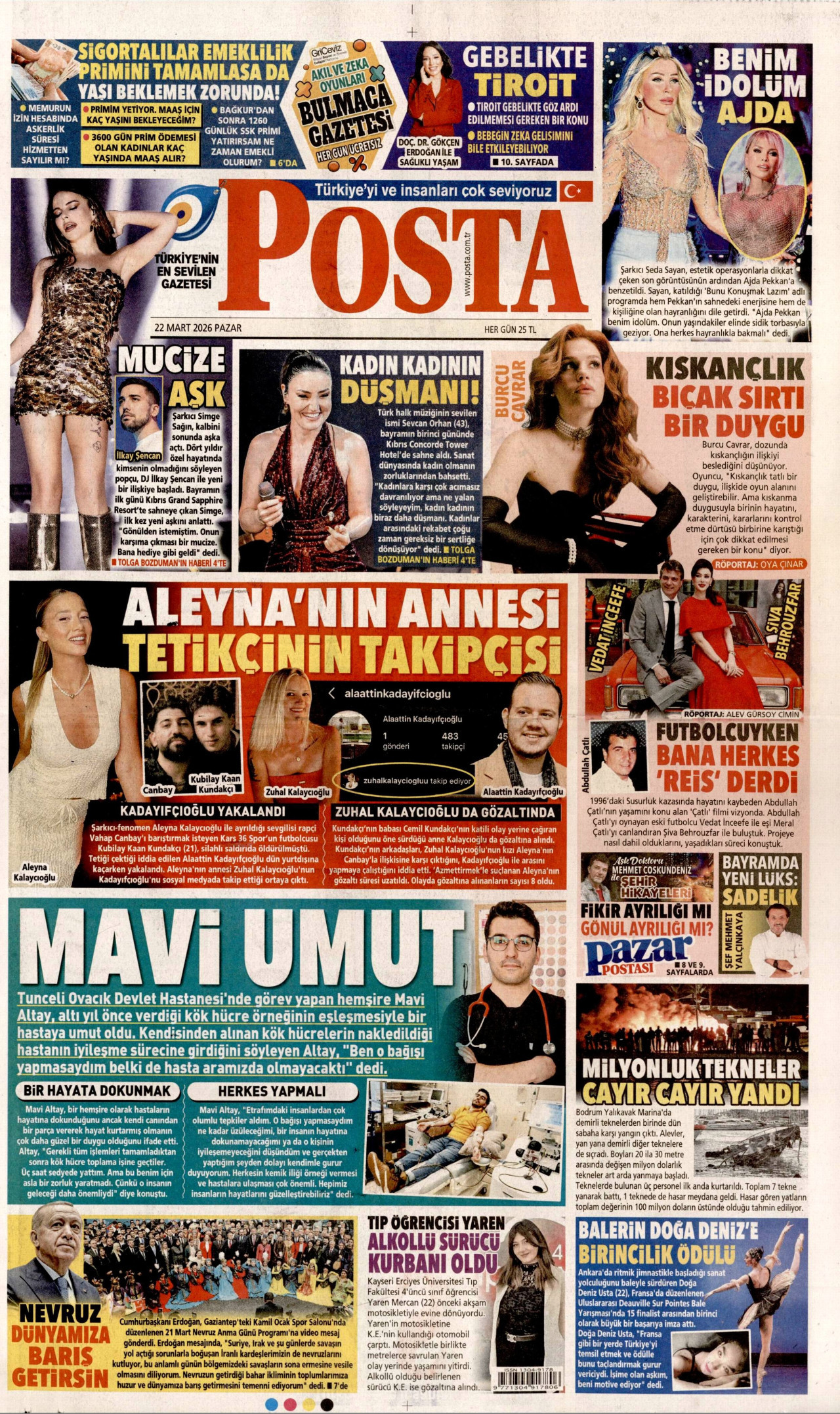 POSTA gazetesinin 22 Mart 2026 tarihli birinci sayfası