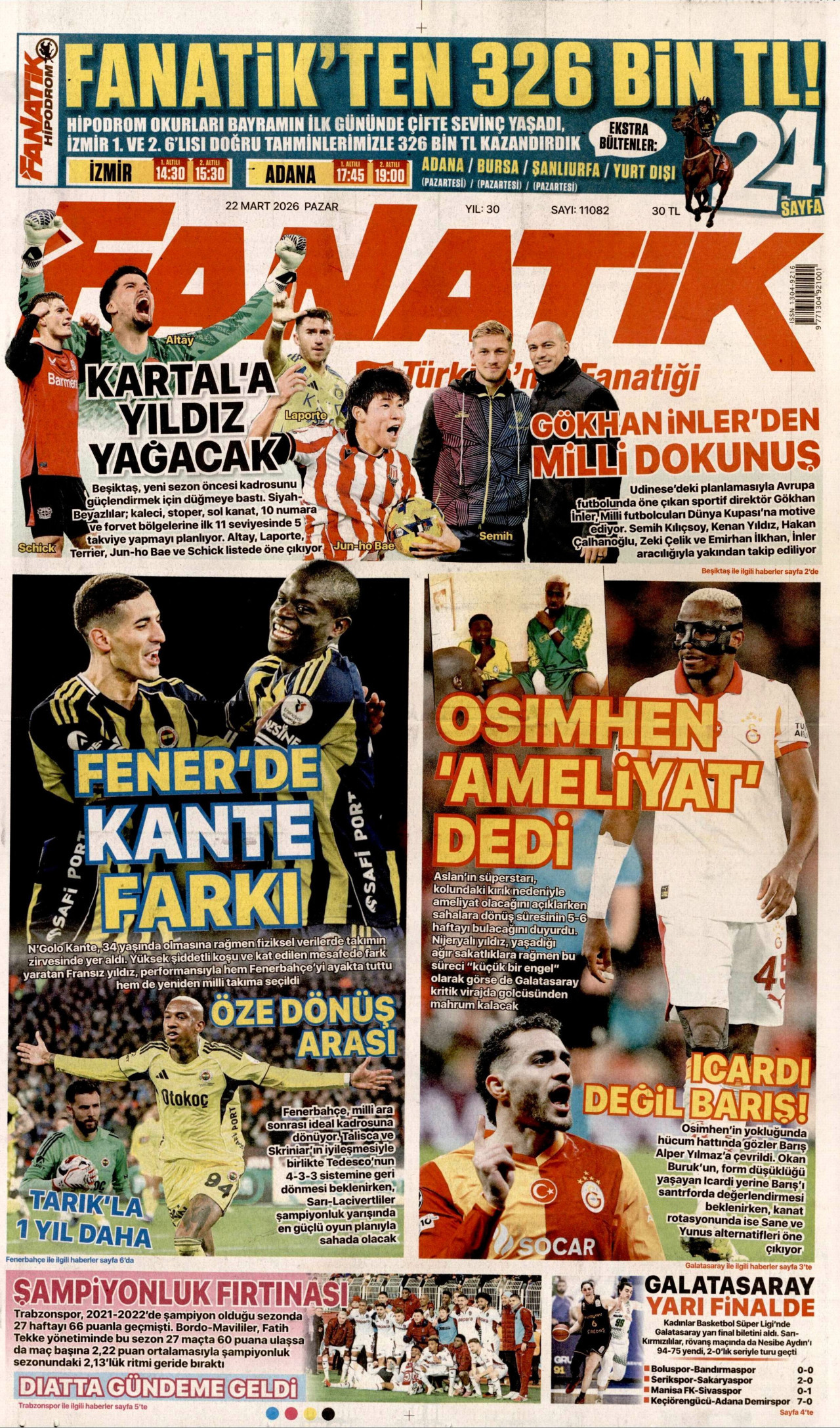 FANATİK gazetesinin 22 Mart 2026 tarihli birinci sayfası