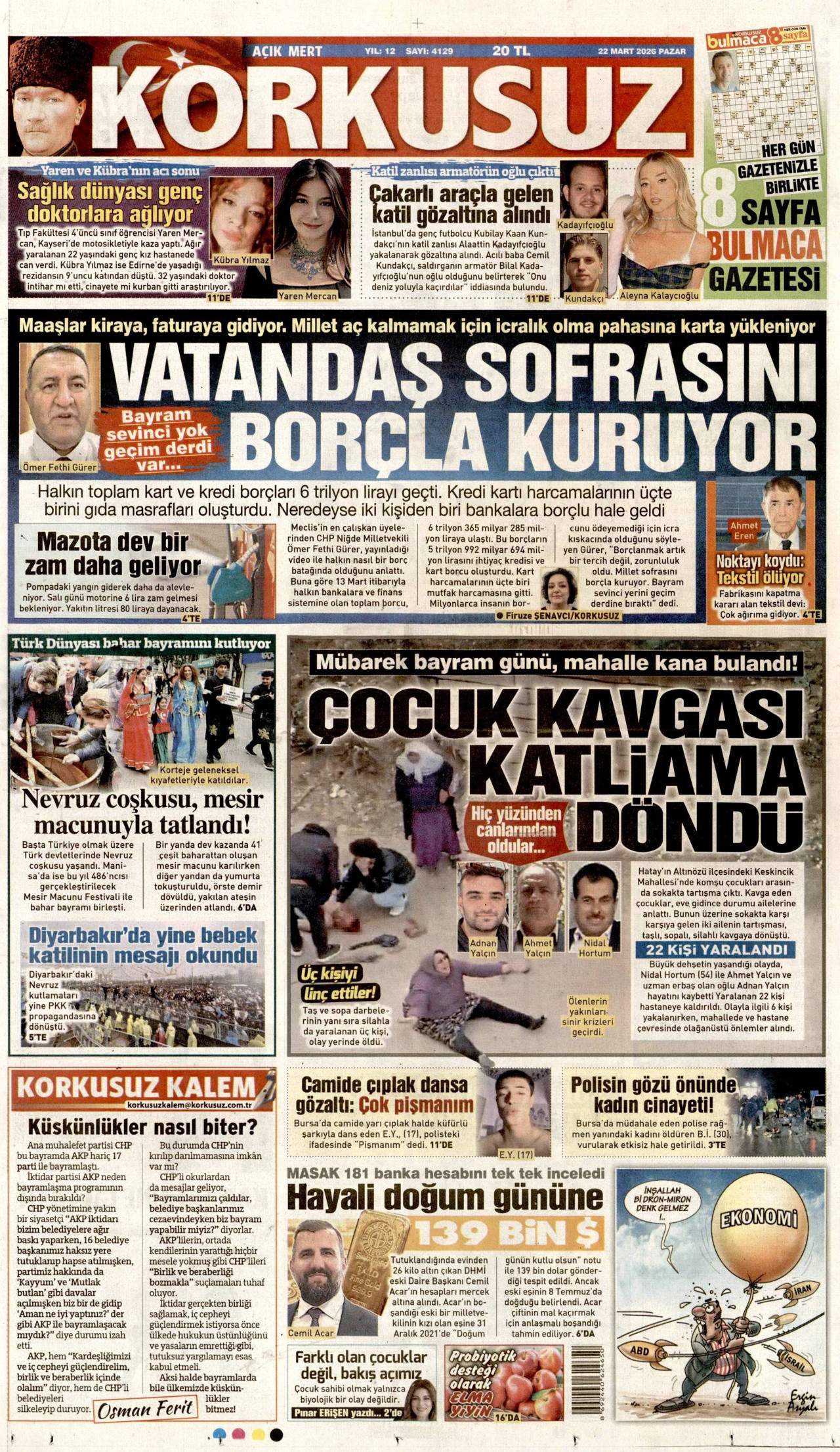 KORKUSUZ gazetesinin 22 Mart 2026 tarihli birinci sayfası
