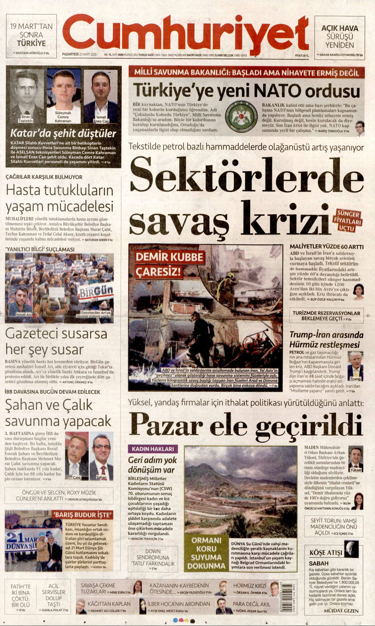 CUMHURİYET gazetesinin 23 Mart 2026 tarihli birinci sayfası