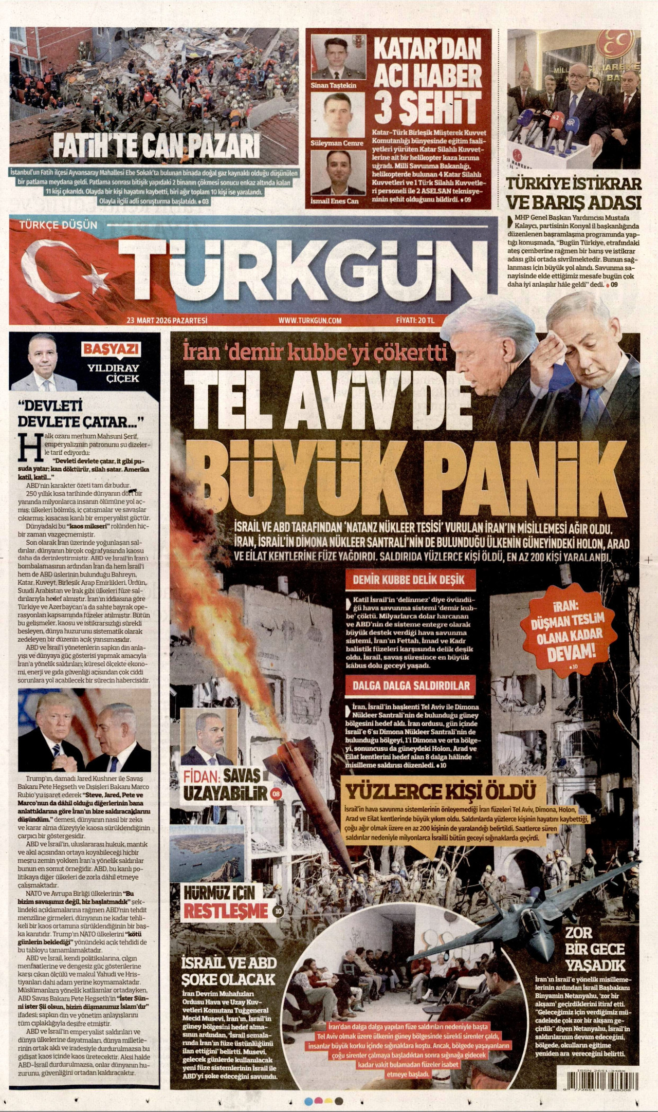 TÜRKGÜN gazetesinin 23 Mart 2026 tarihli birinci sayfası