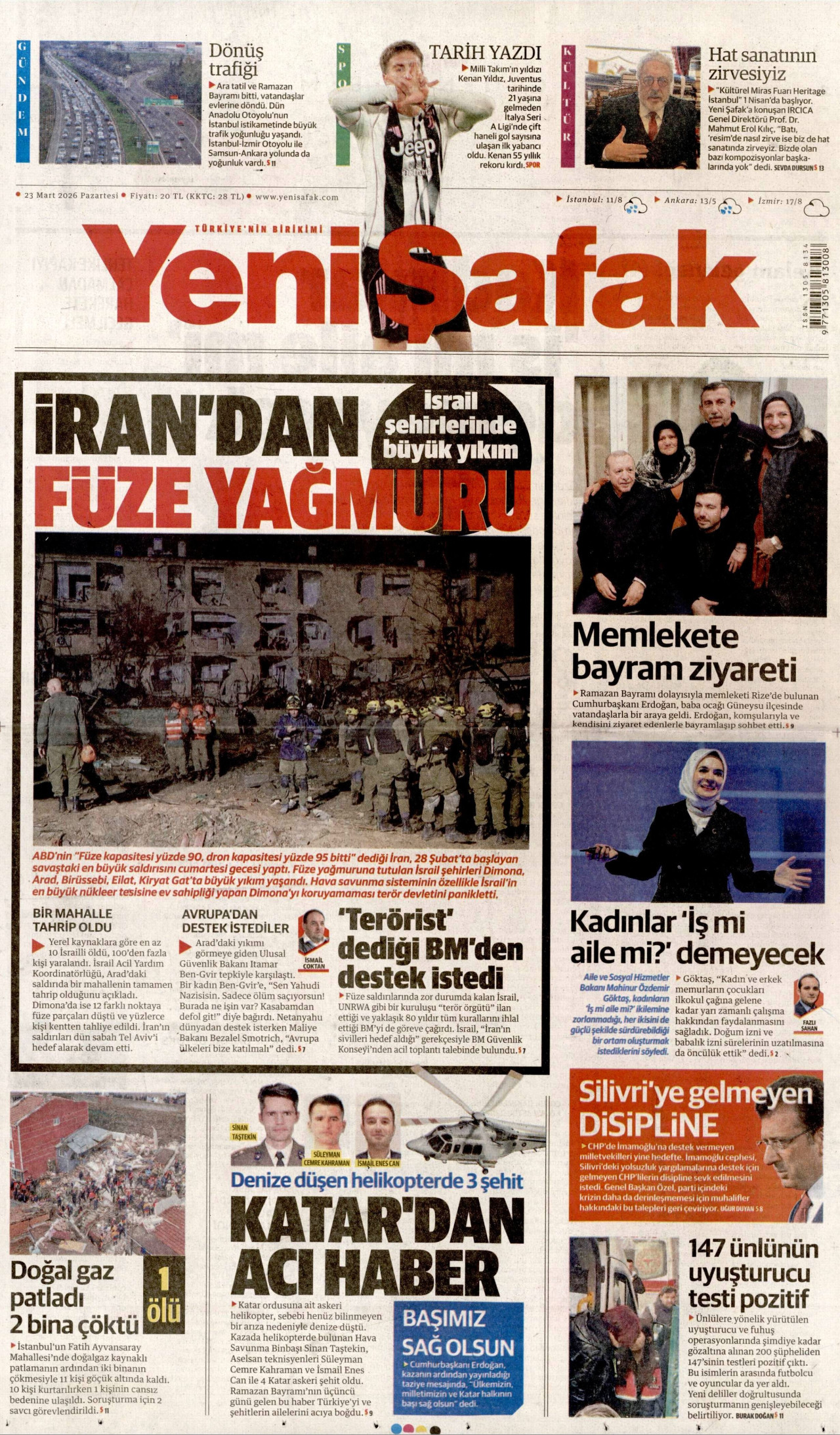 YENİ ŞAFAK gazetesinin 23 Mart 2026 tarihli birinci sayfası