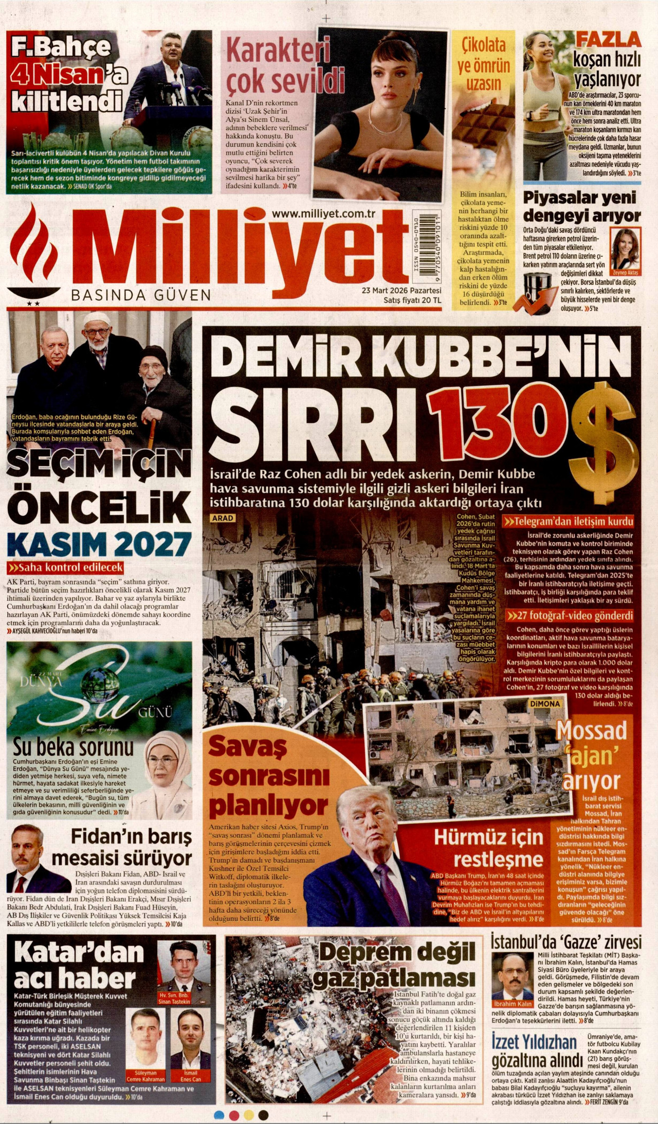 MİLLİYET gazetesinin 23 Mart 2026 tarihli birinci sayfası