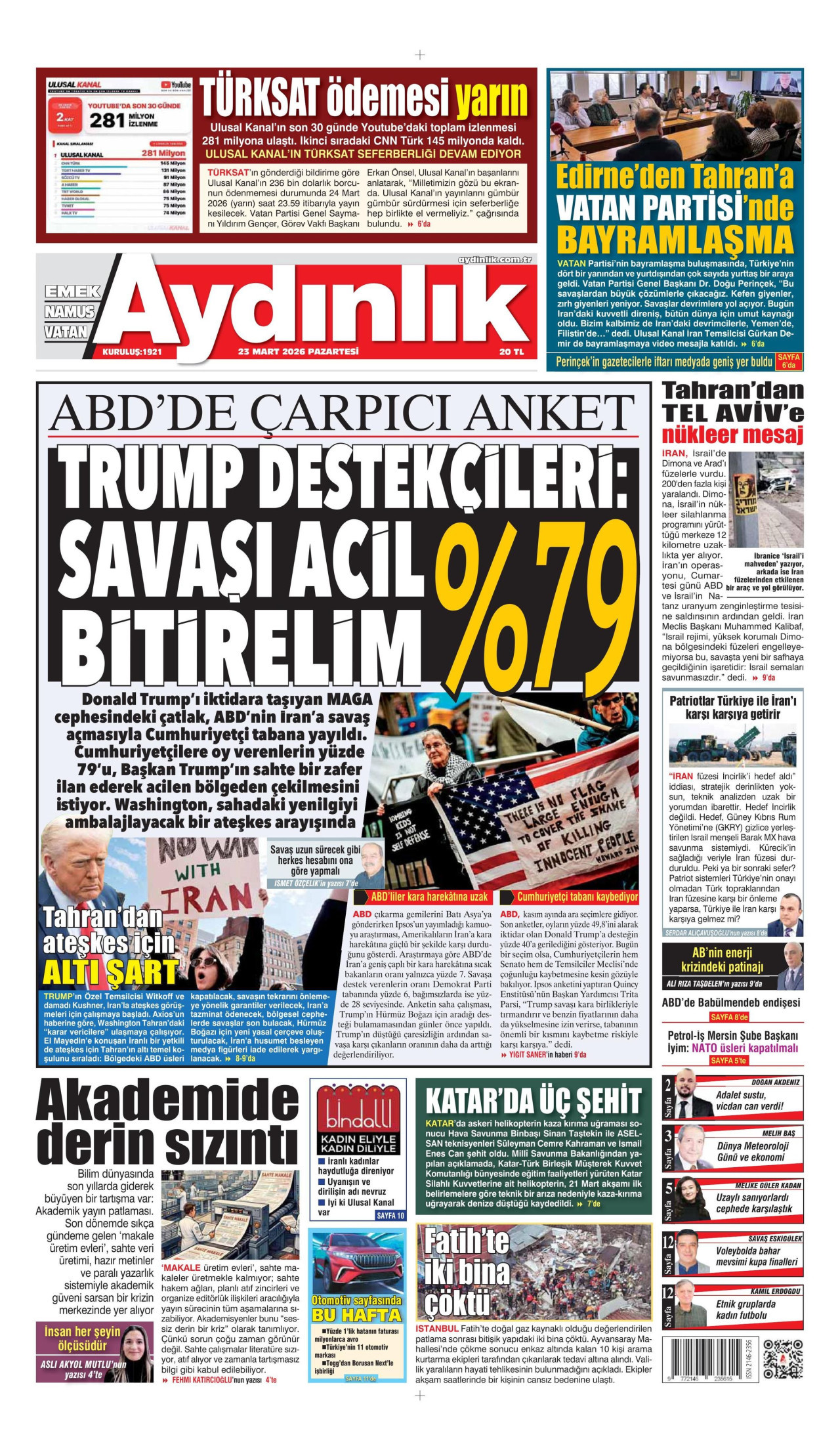 AYDINLIK GAZETESİ gazetesinin 23 Mart 2026 tarihli birinci sayfası