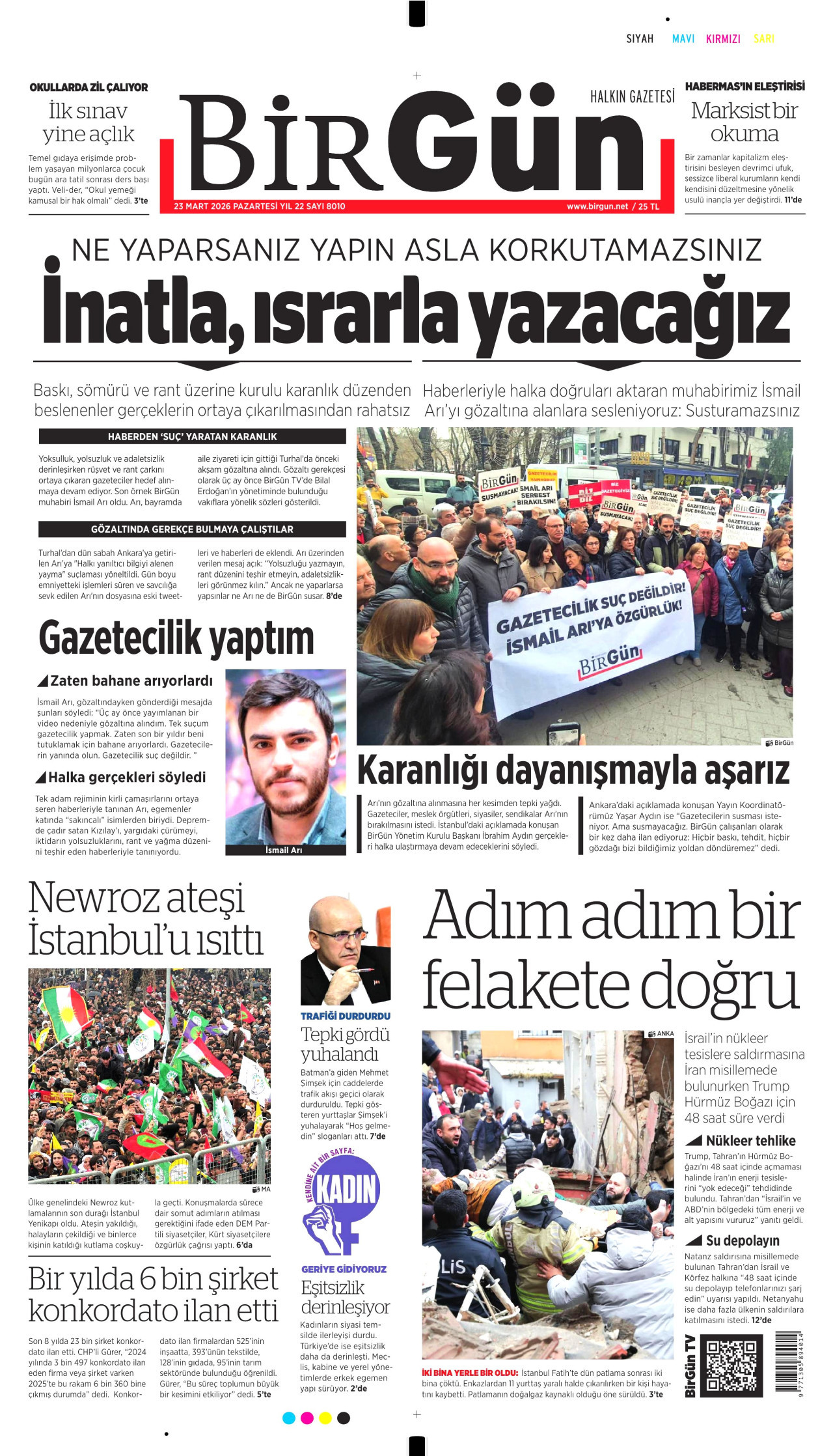BİRGÜN gazetesinin 23 Mart 2026 tarihli birinci sayfası