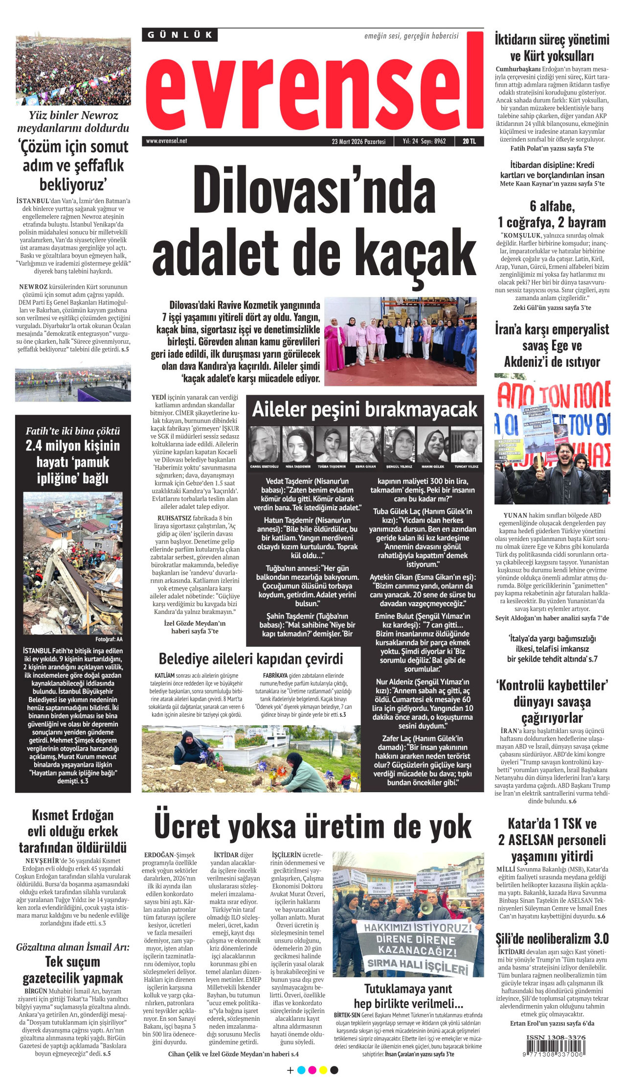 EVRENSEL gazetesinin 23 Mart 2026 tarihli birinci sayfası