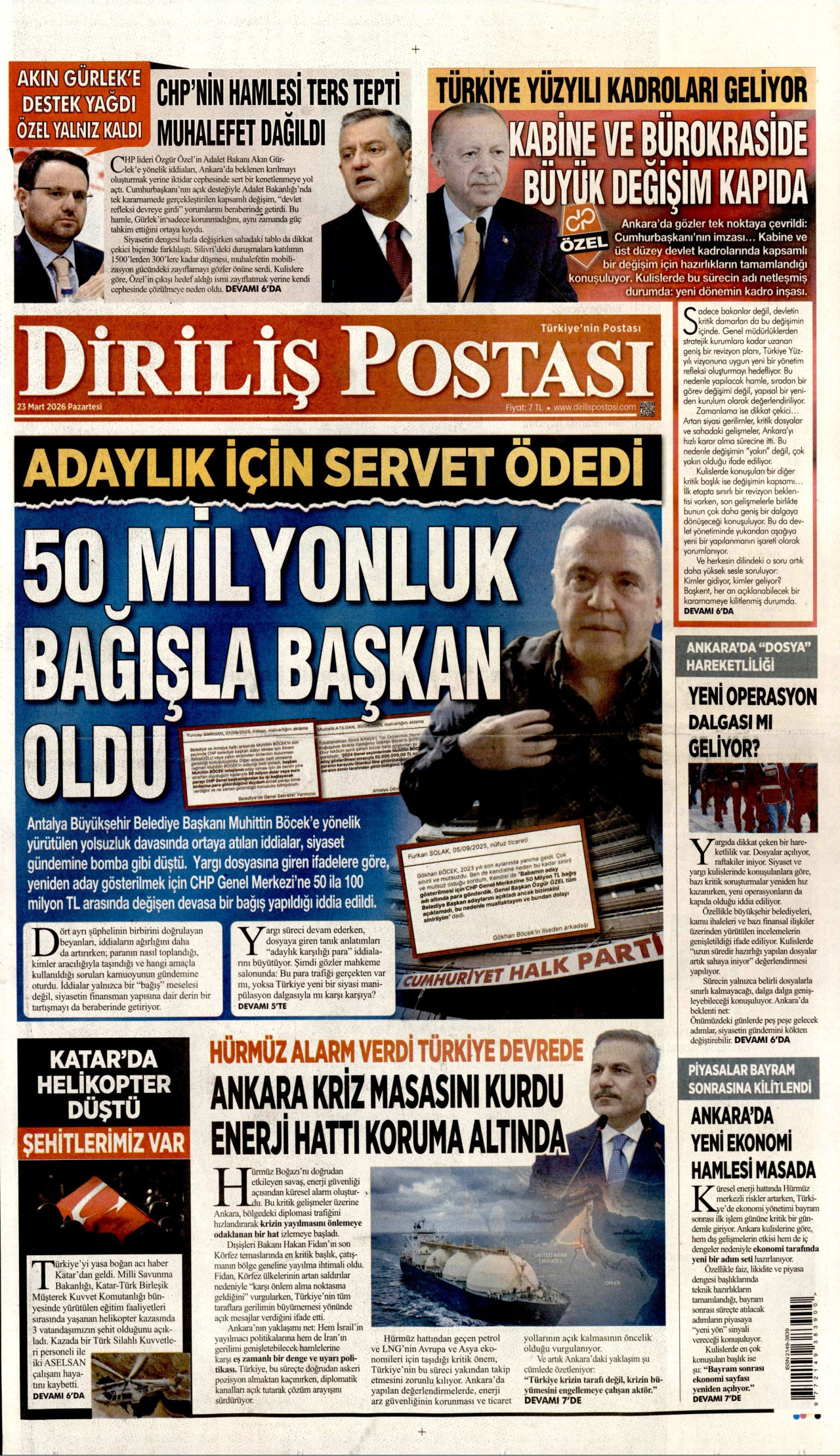 DİRİLİŞ POSTASI gazetesinin 23 Mart 2026 tarihli birinci sayfası