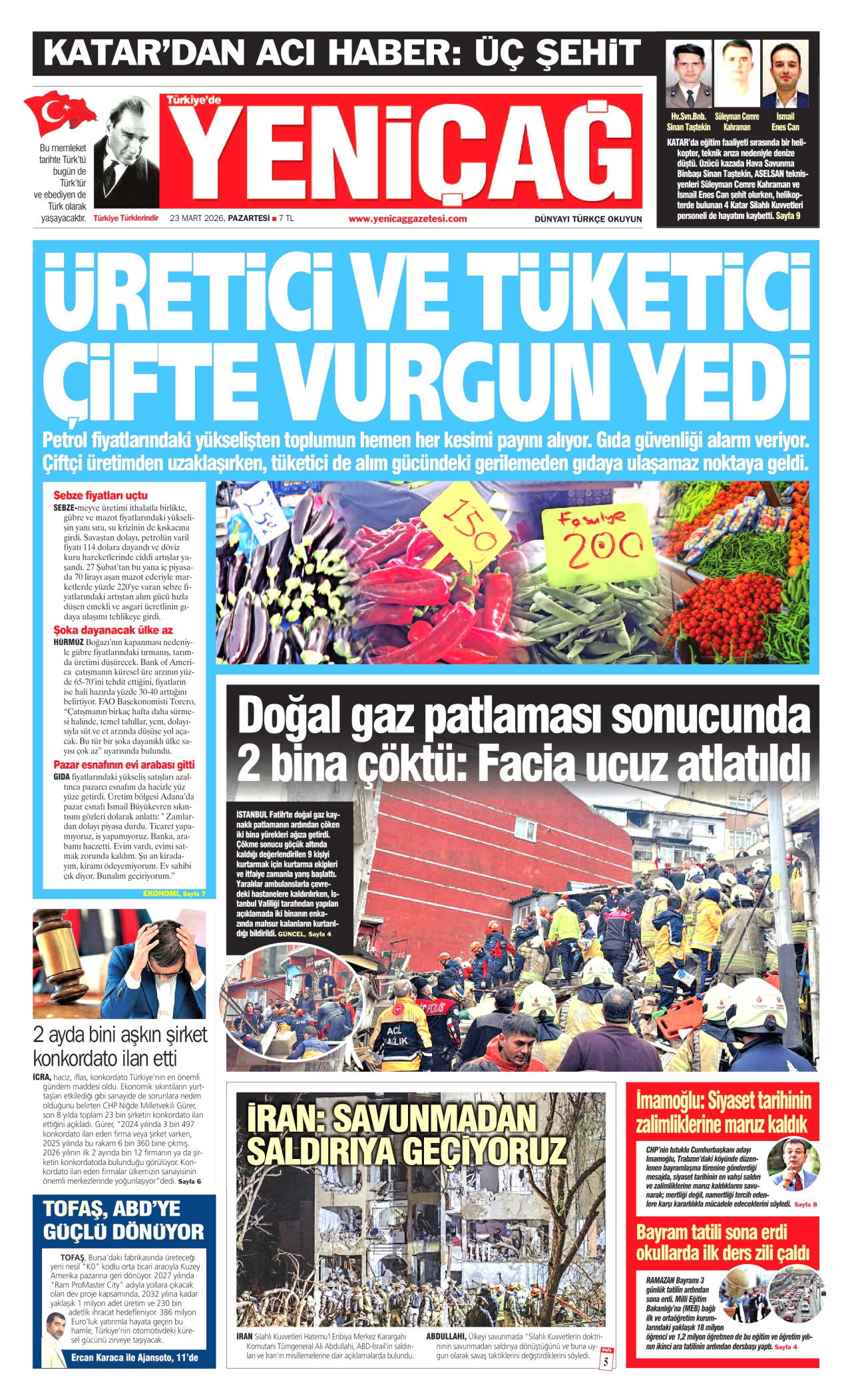 YENİÇAĞ gazetesinin 23 Mart 2026 tarihli birinci sayfası