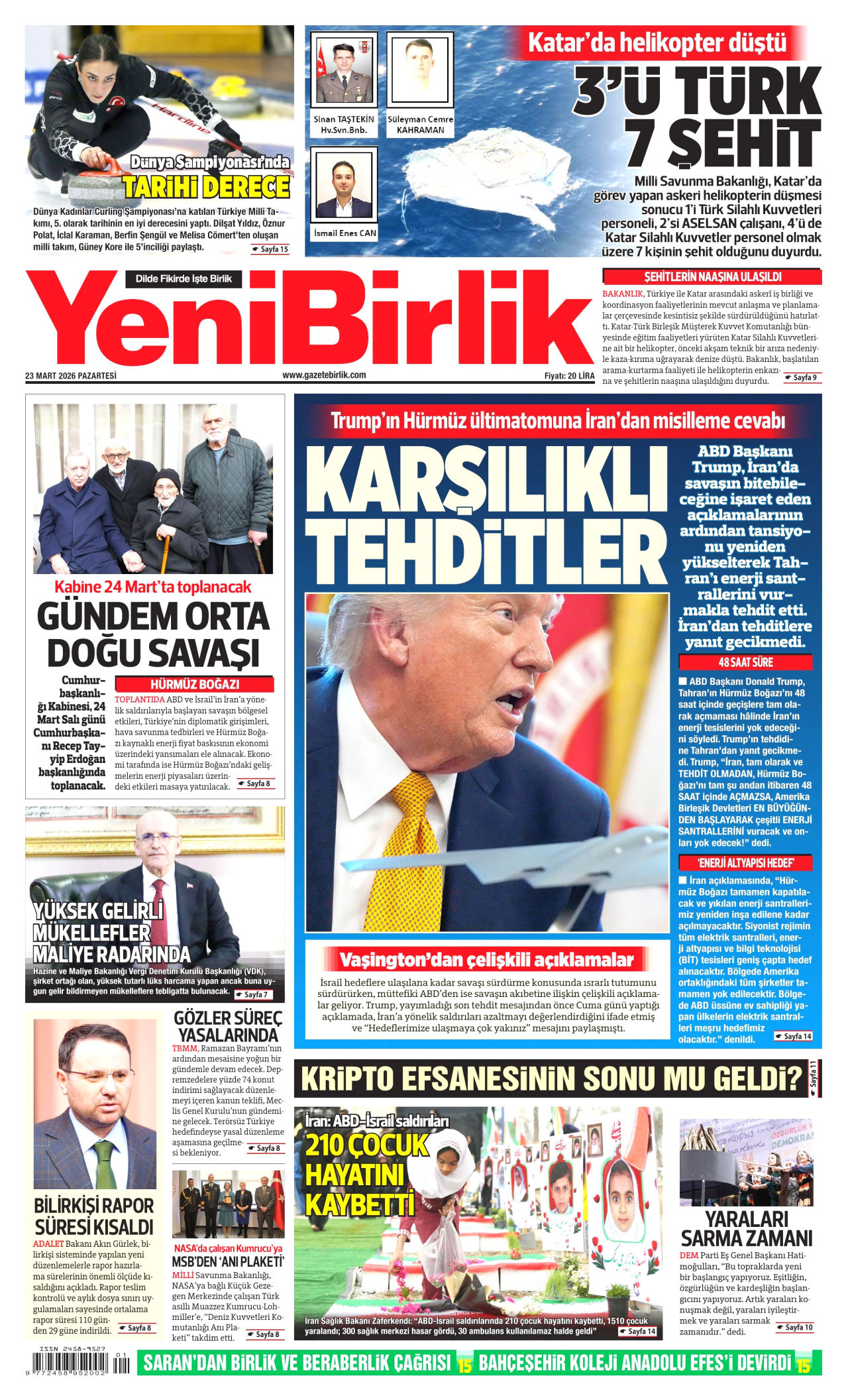 YENİBİRLİK gazetesinin 23 Mart 2026 tarihli birinci sayfası