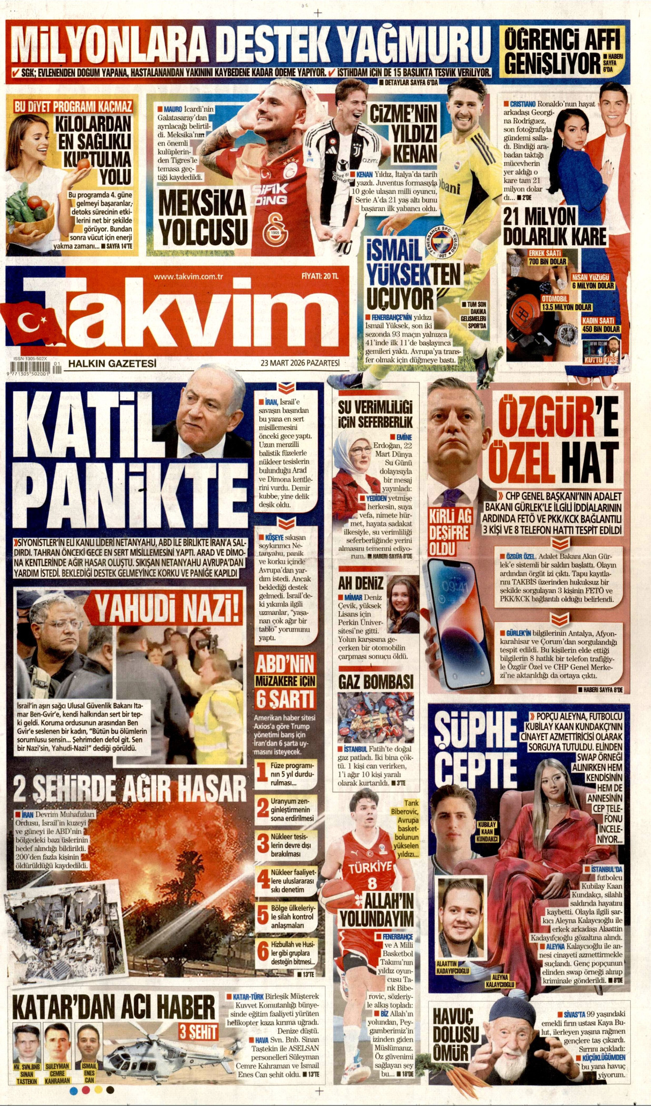 TAKVİM gazetesinin 23 Mart 2026 tarihli birinci sayfası