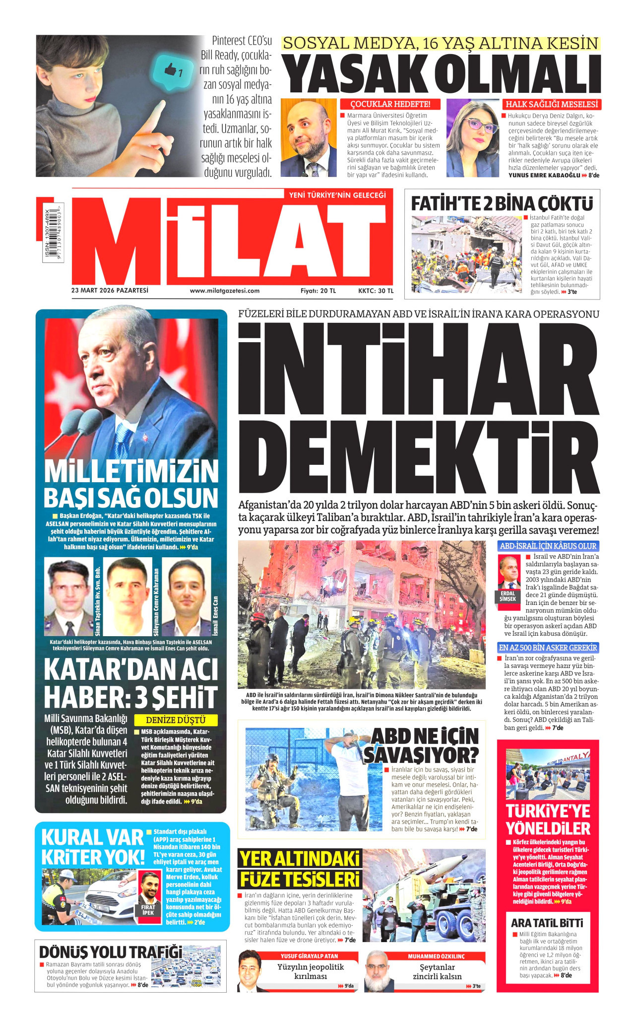 MİLAT gazetesinin 23 Mart 2026 tarihli birinci sayfası