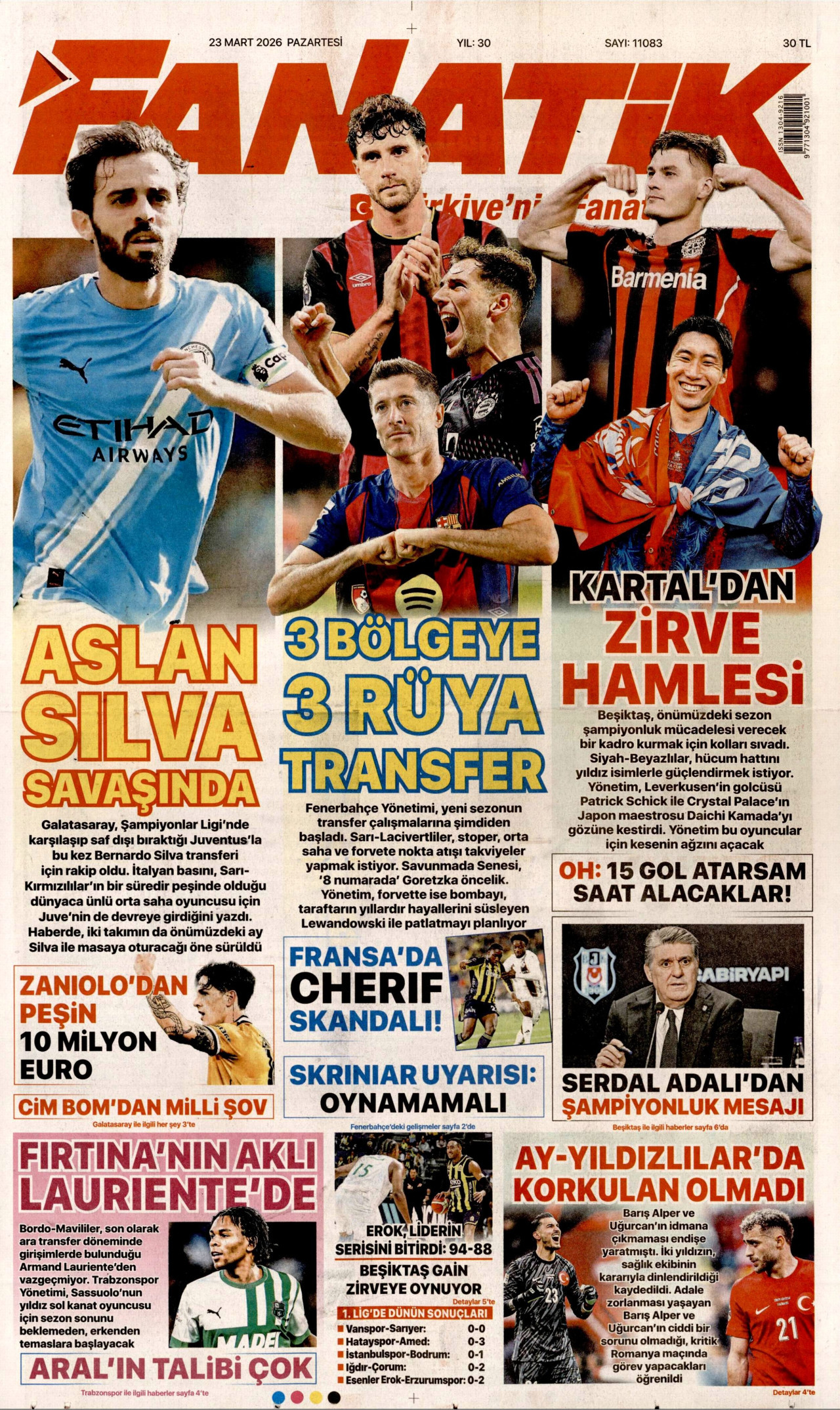 FANATİK gazetesinin 23 Mart 2026 tarihli birinci sayfası