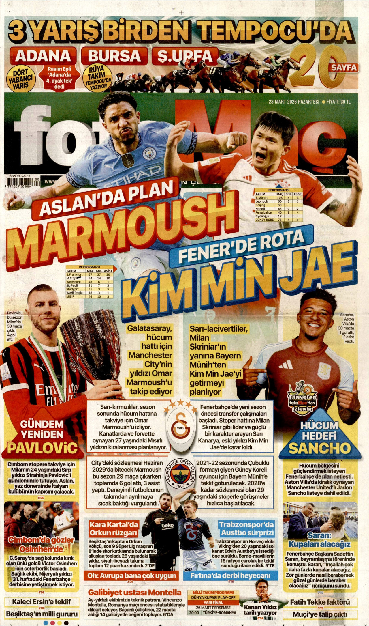 FOTOMAÇ gazetesinin 23 Mart 2026 tarihli birinci sayfası
