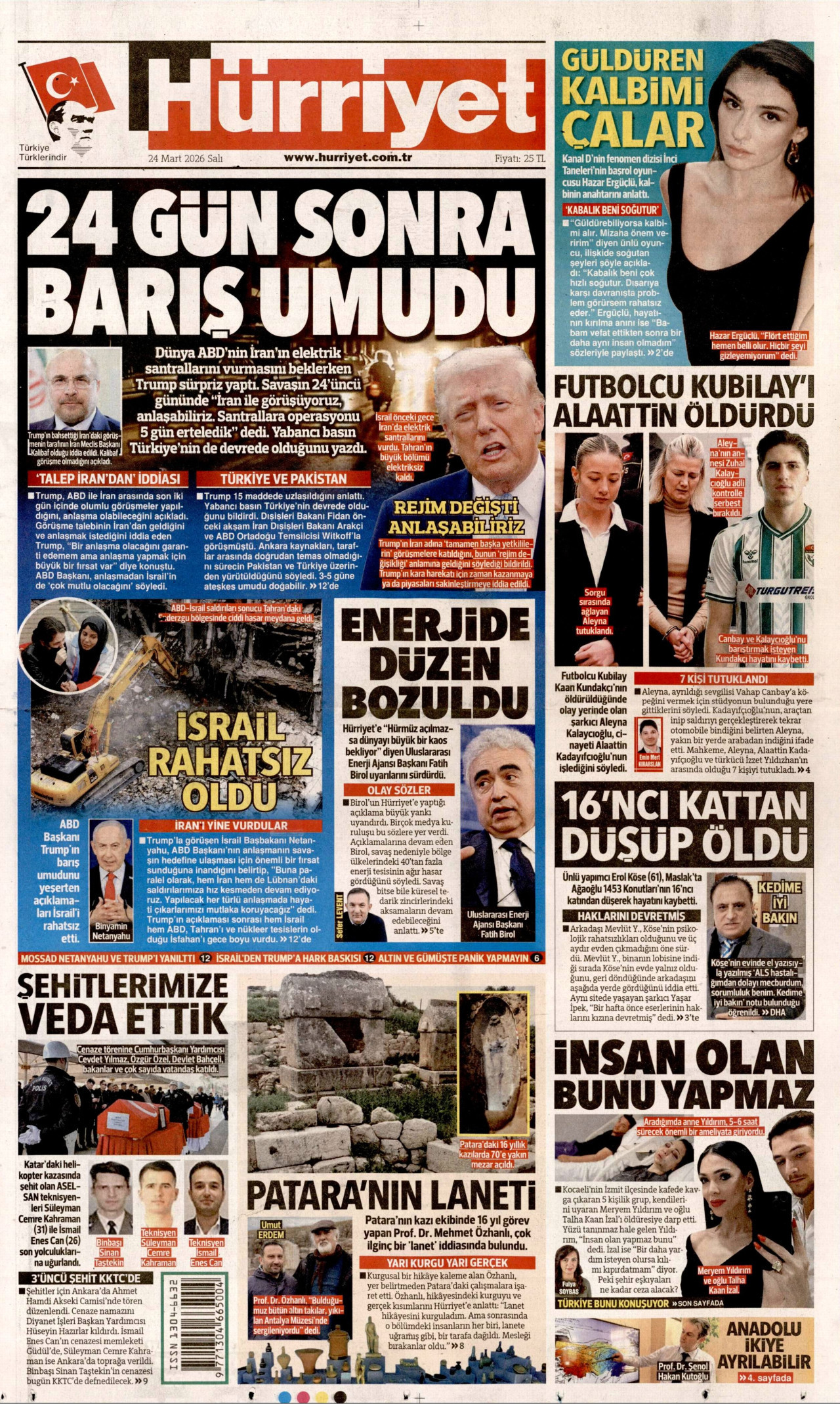 HÜRRİYET gazetesinin 24 Mart 2026 tarihli birinci sayfası