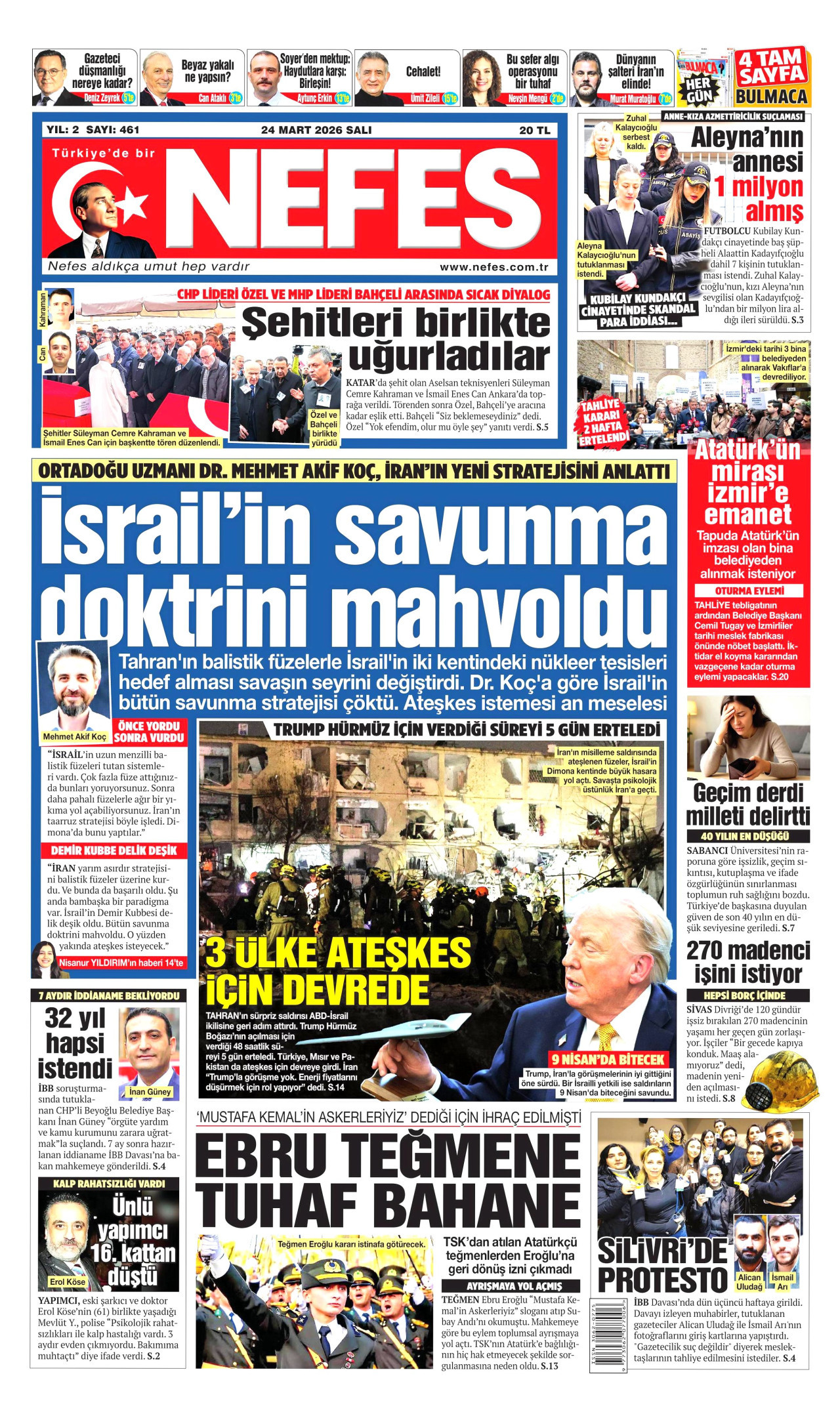 NEFES gazetesinin 24 Mart 2026 tarihli birinci sayfası