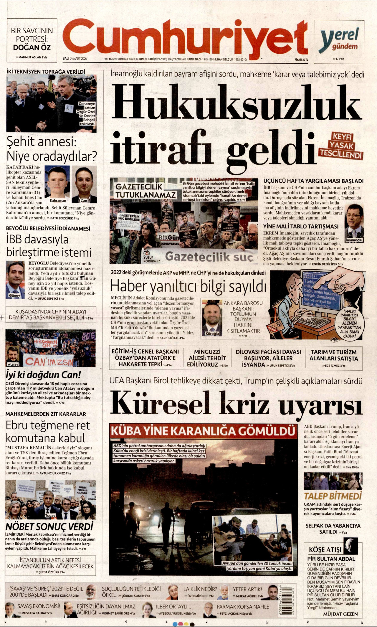 CUMHURİYET gazetesinin 24 Mart 2026 tarihli birinci sayfası