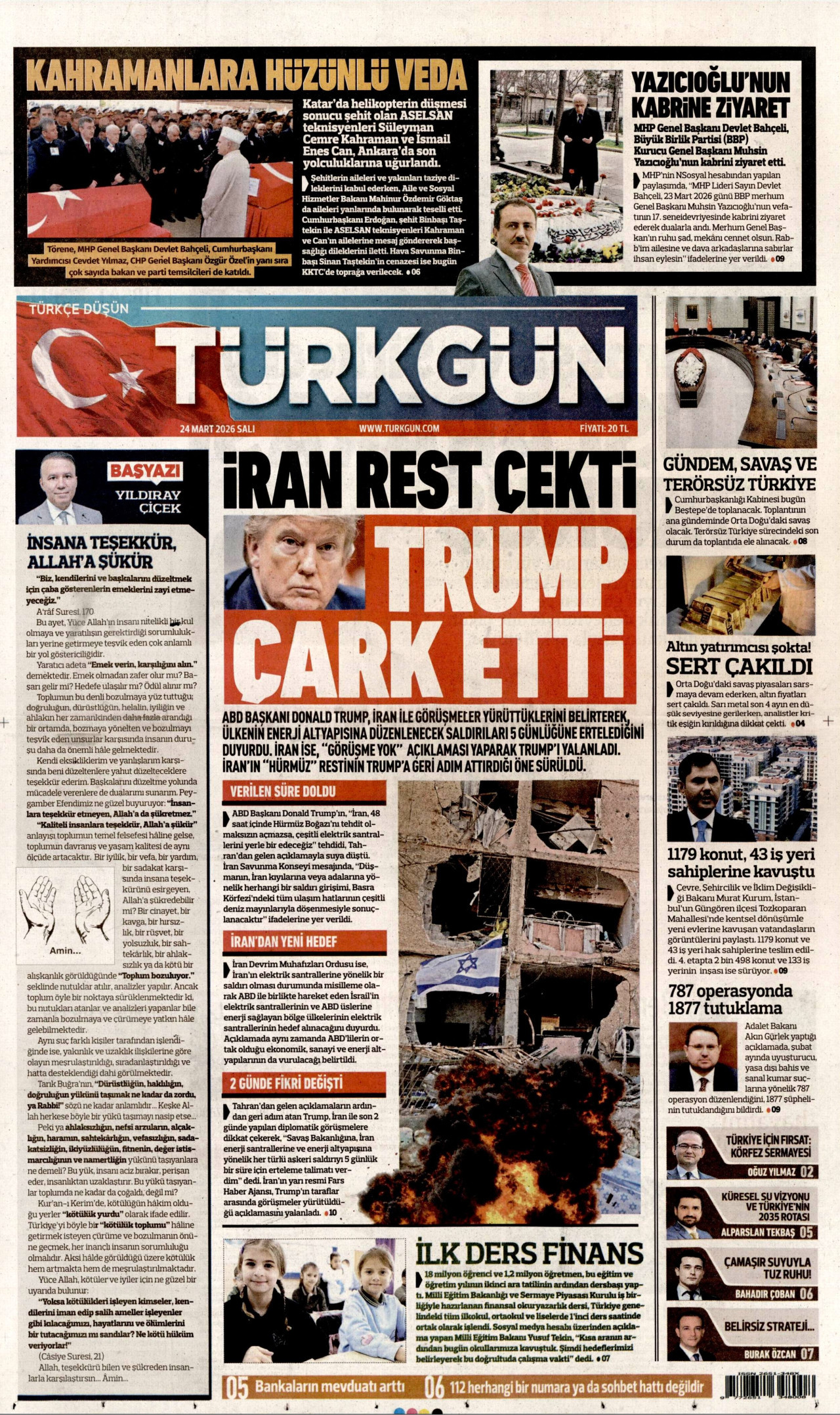 TÜRKGÜN gazetesinin 24 Mart 2026 tarihli birinci sayfası