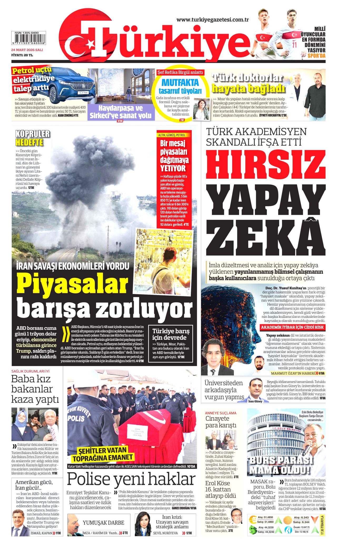 TÜRKİYE GAZETESİ gazetesinin 24 Mart 2026 tarihli birinci sayfası