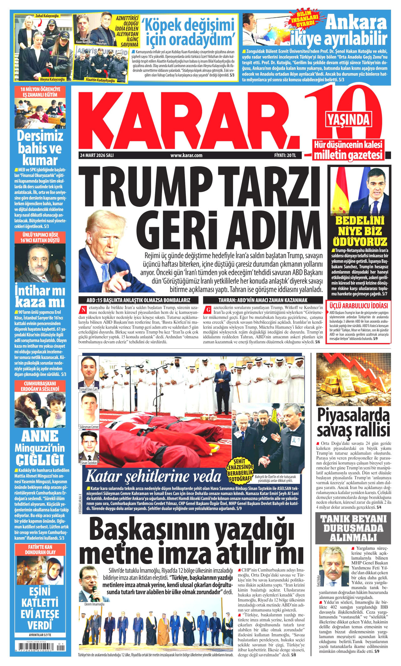 KARAR gazetesinin 24 Mart 2026 tarihli birinci sayfası