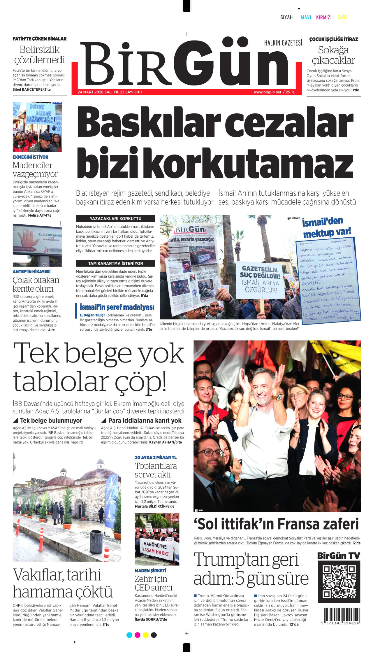 BİRGÜN gazetesinin 24 Mart 2026 tarihli birinci sayfası