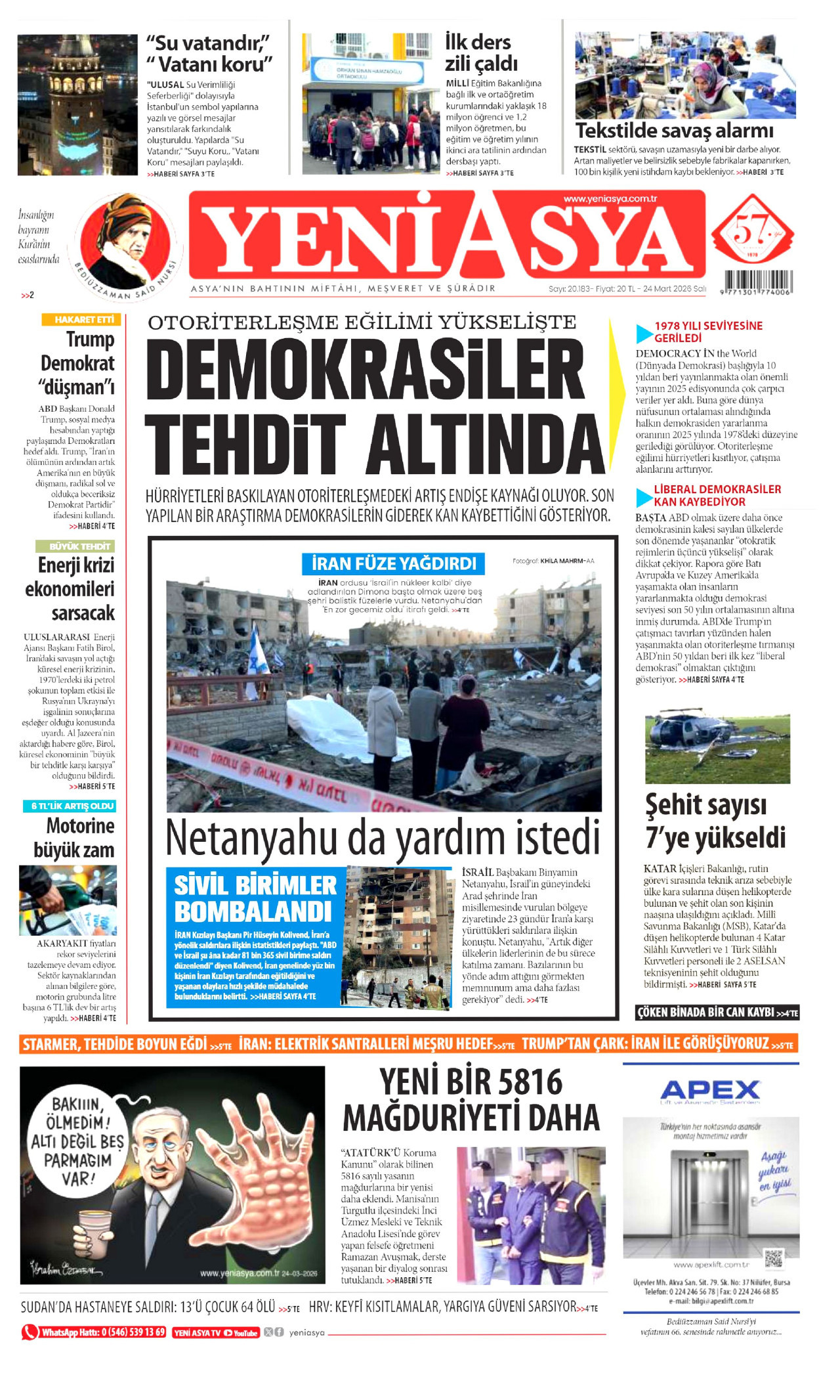 YENİ ASYA gazetesinin 24 Mart 2026 tarihli birinci sayfası