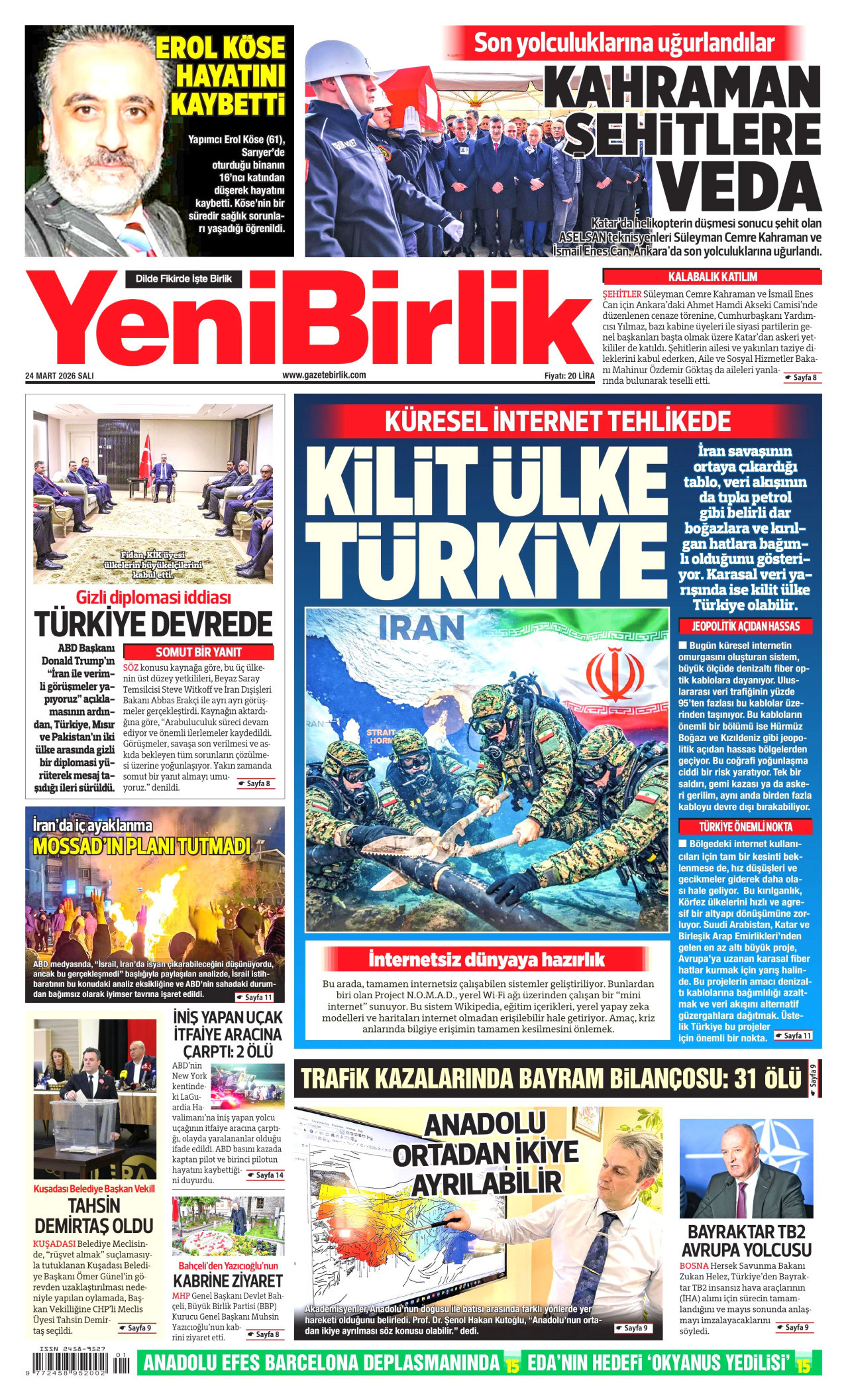 YENİBİRLİK gazetesinin 24 Mart 2026 tarihli birinci sayfası