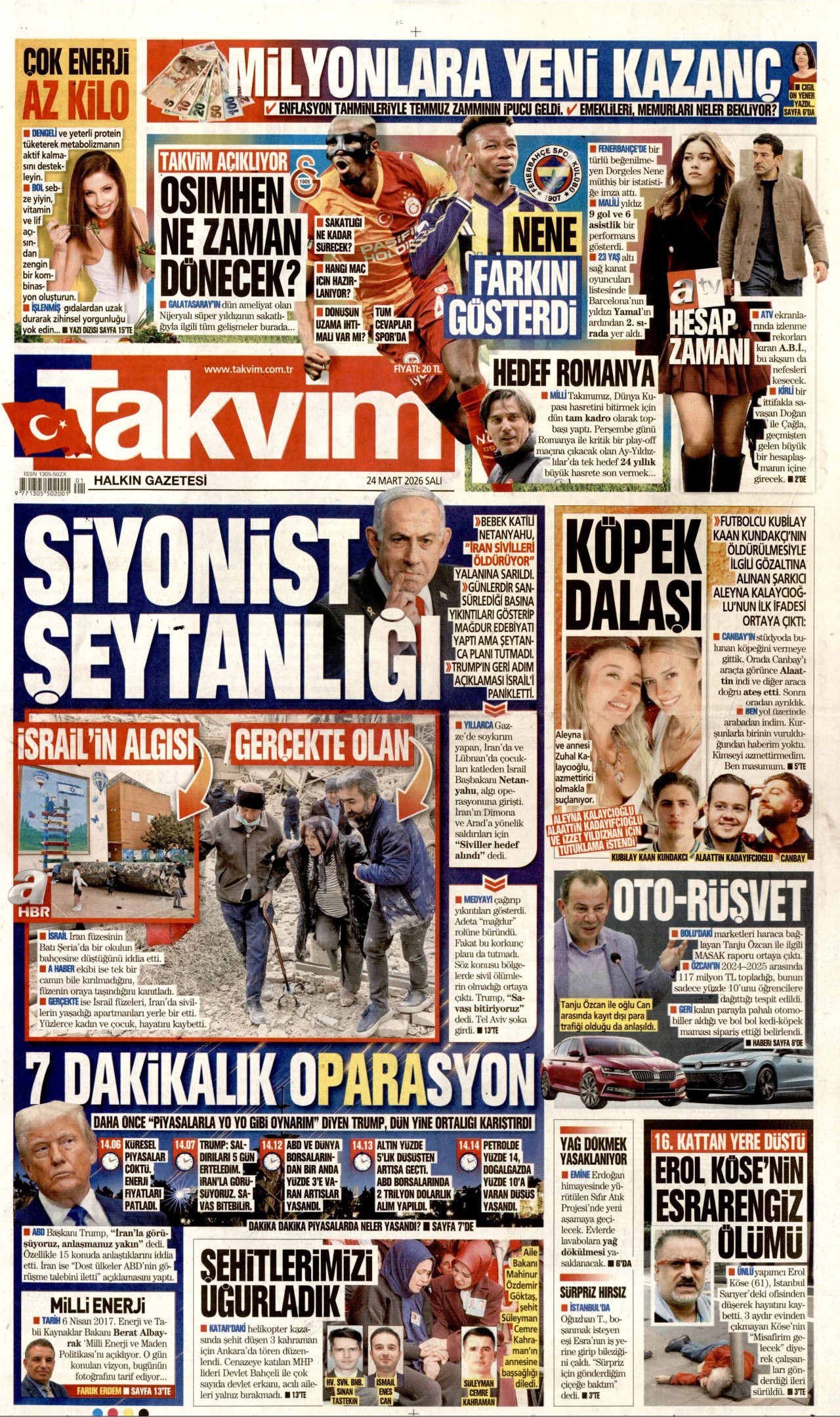 TAKVİM gazetesinin 24 Mart 2026 tarihli birinci sayfası