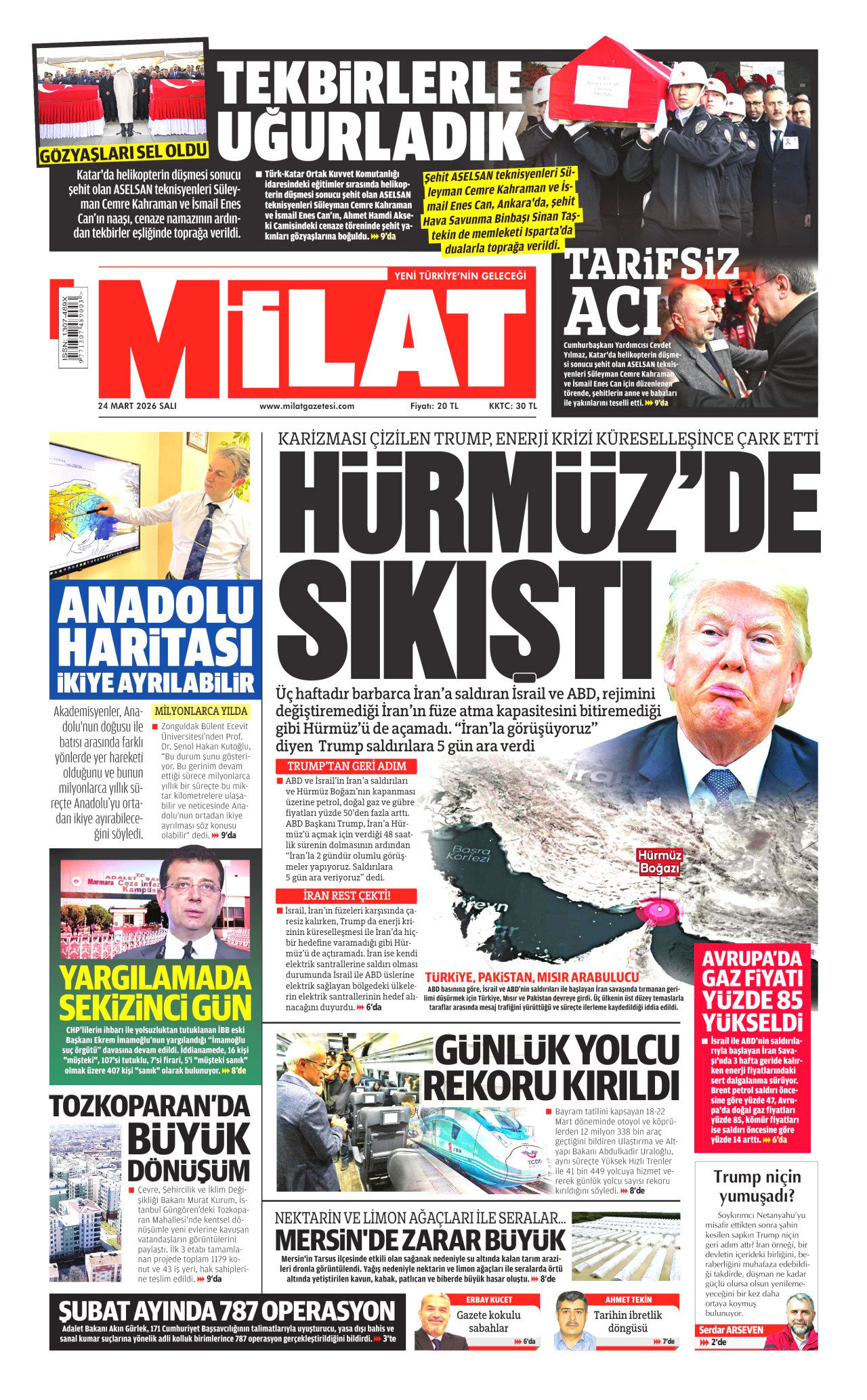 MİLAT gazetesinin 24 Mart 2026 tarihli birinci sayfası