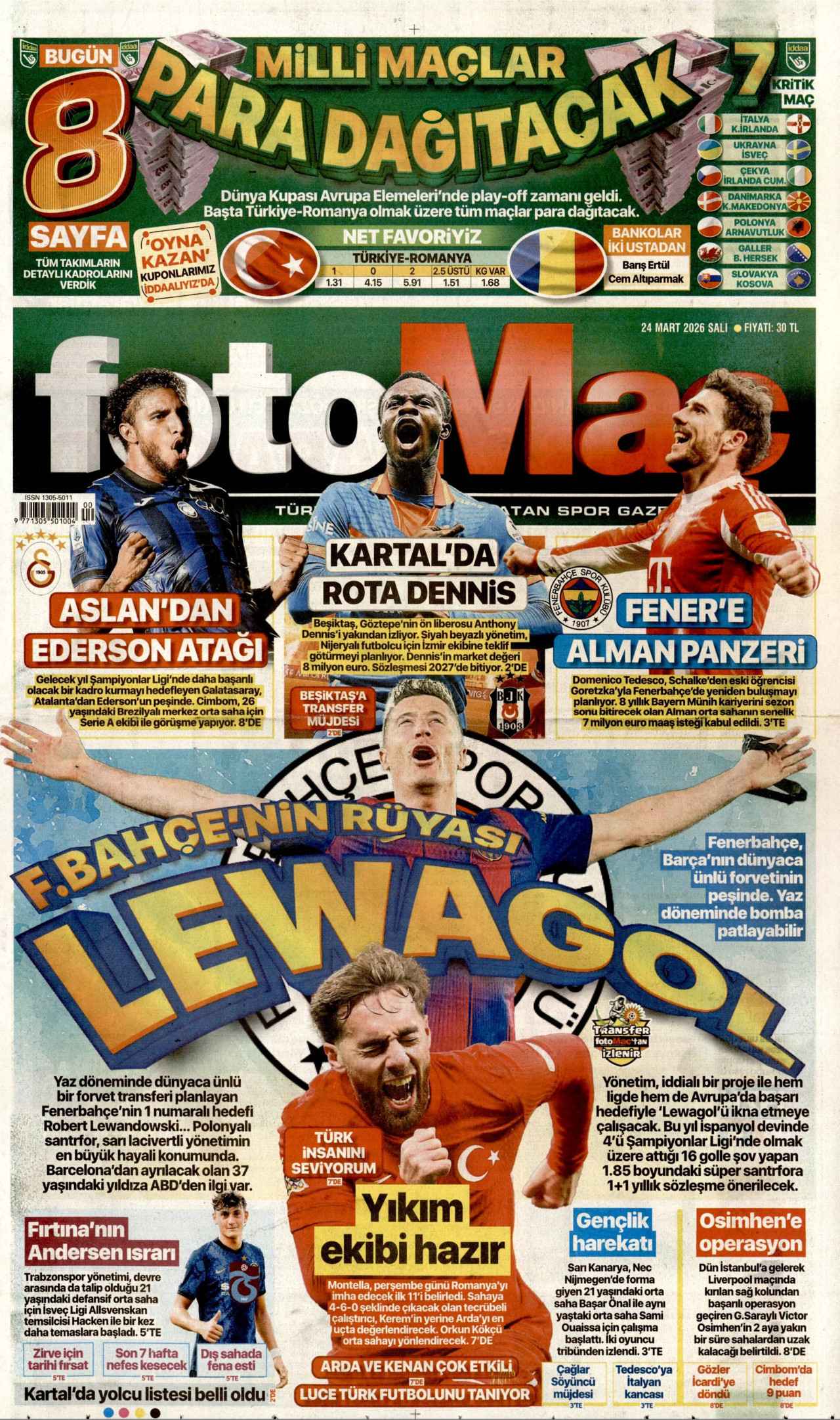 FOTOMAÇ gazetesinin 24 Mart 2026 tarihli birinci sayfası